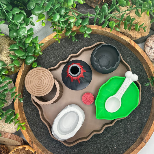 Top-down view of dinosaur sensory kit laid out on its footprint tray