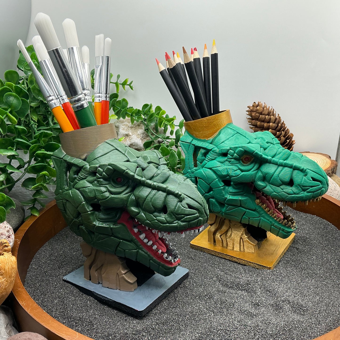 Dinosaur T Rex Pencil & Paintbrushes Pot Holder Hand Painted