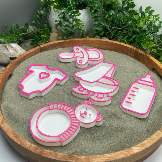 Baby Girl Play Fill Shapes Sensory Filling Trays - 5 Piece Set (Dummy, Bottle, Teddy Bear, Teething Ring & Bath)