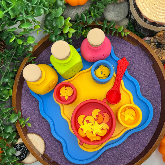 Potion Play Set - 14 Piece Sensory Play Kit with Potion Bottles, Cups, Mixing Bowl, Mini Fire Pit & Trays