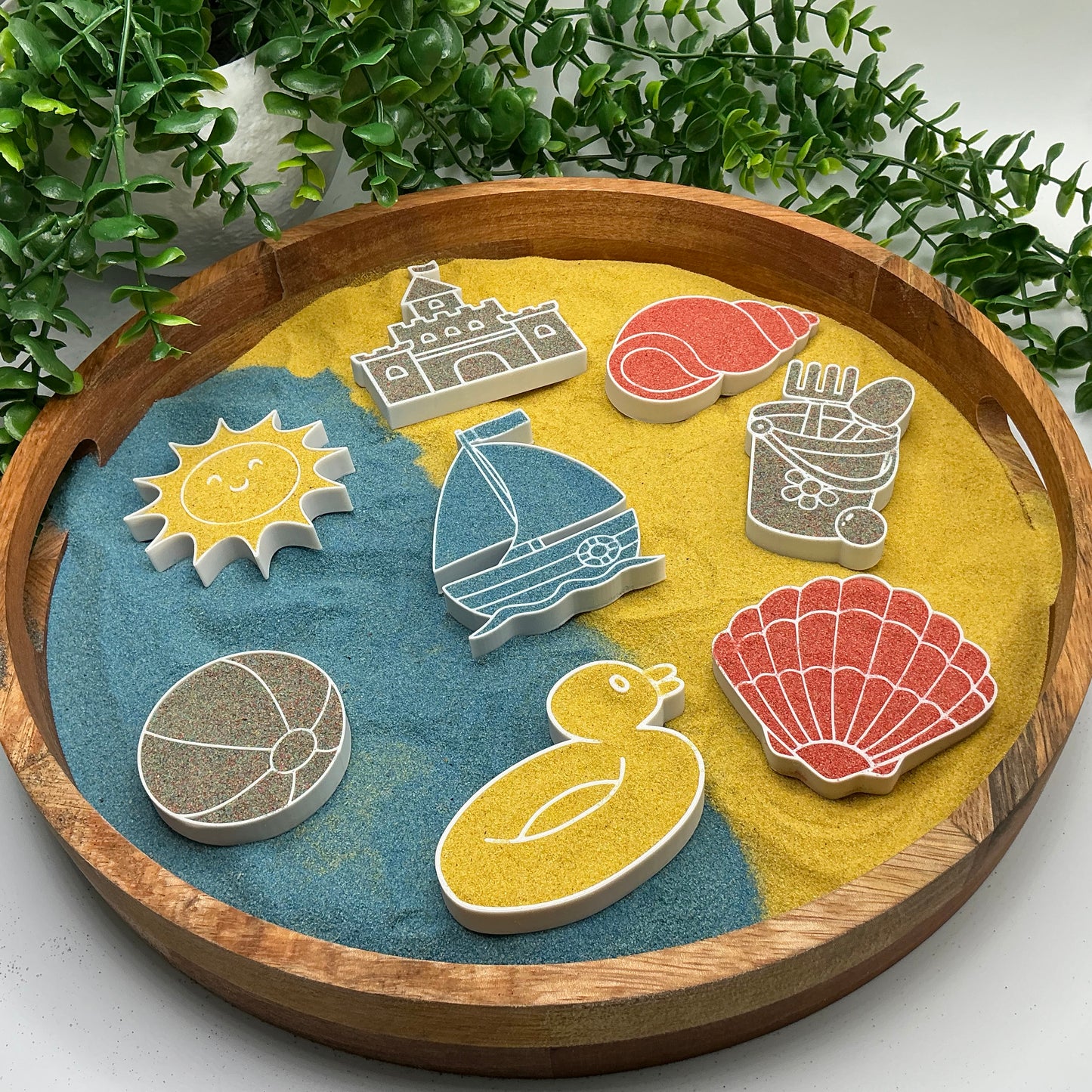 3D-printed beach holiday sensory filling tray, 8-piece set with sun, sandcastle, boat, duck, shells, ball, bucket and spade - view 12 of 12