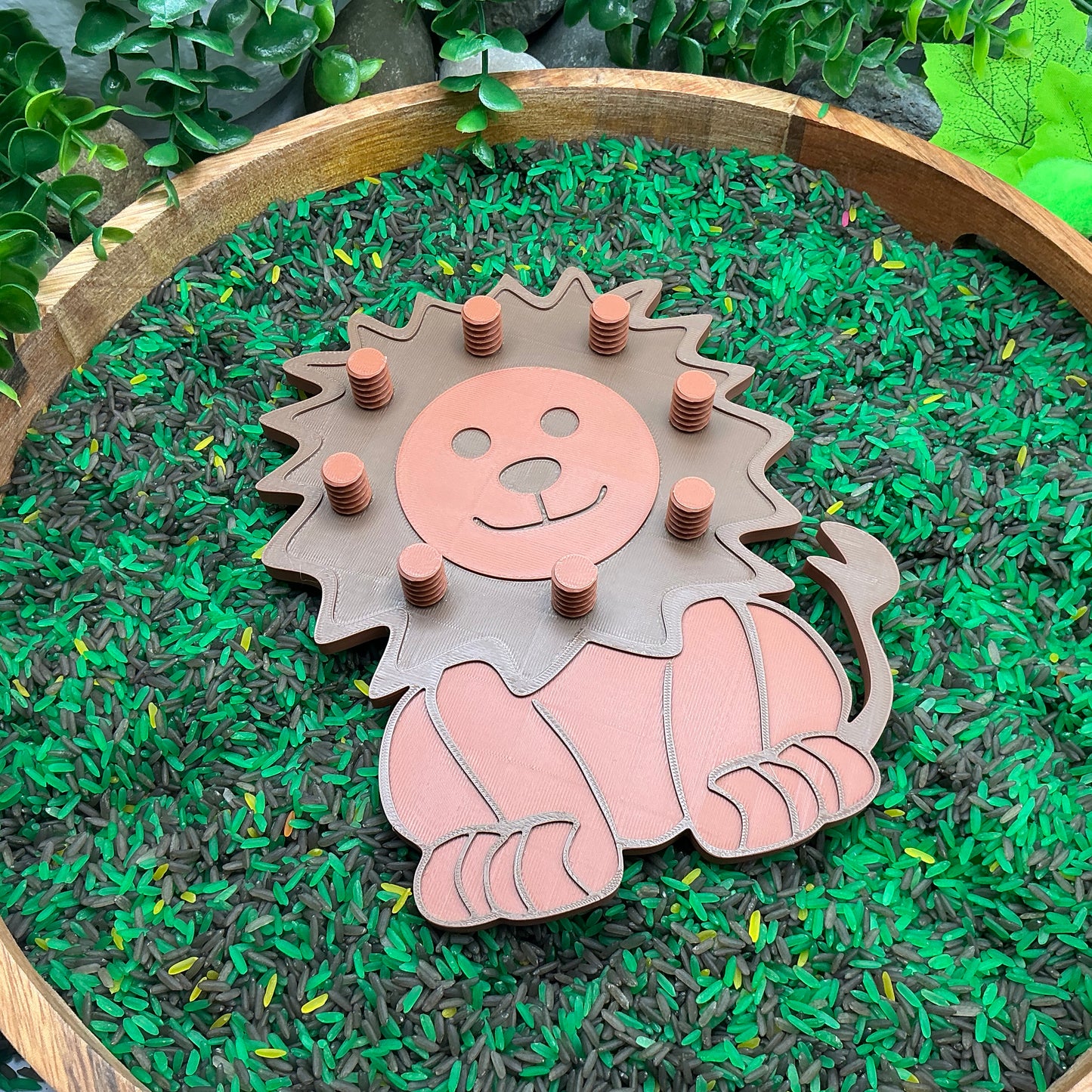 3D-printed lion thread peg board sensory toy with screw-on nuts - fine motor and pre-writing skill builder - view 7 of 7
