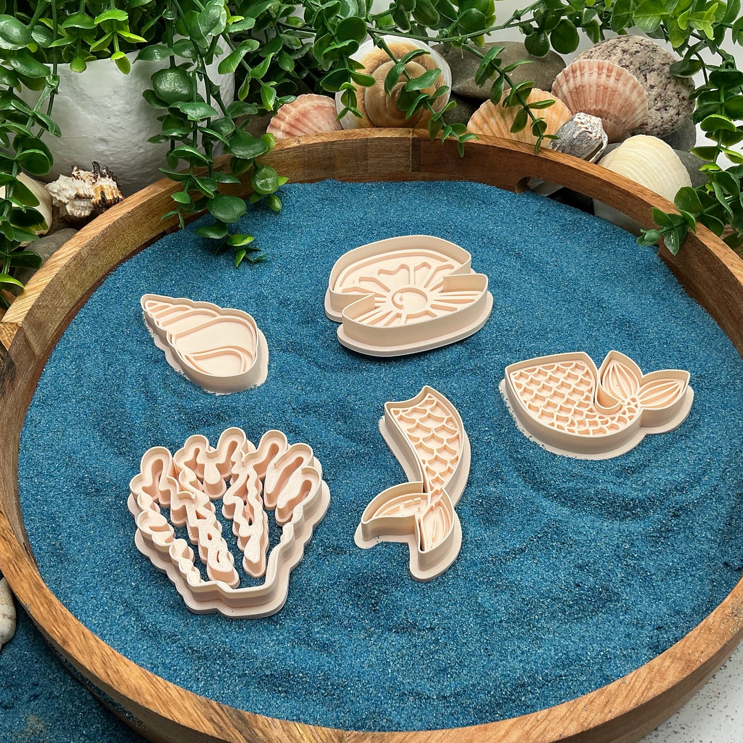 3D-printed mermaid lagoon play dough cookie cutter set - 5 piece with coral, mermaid tails, clam shell and shell - view 15 of 15
