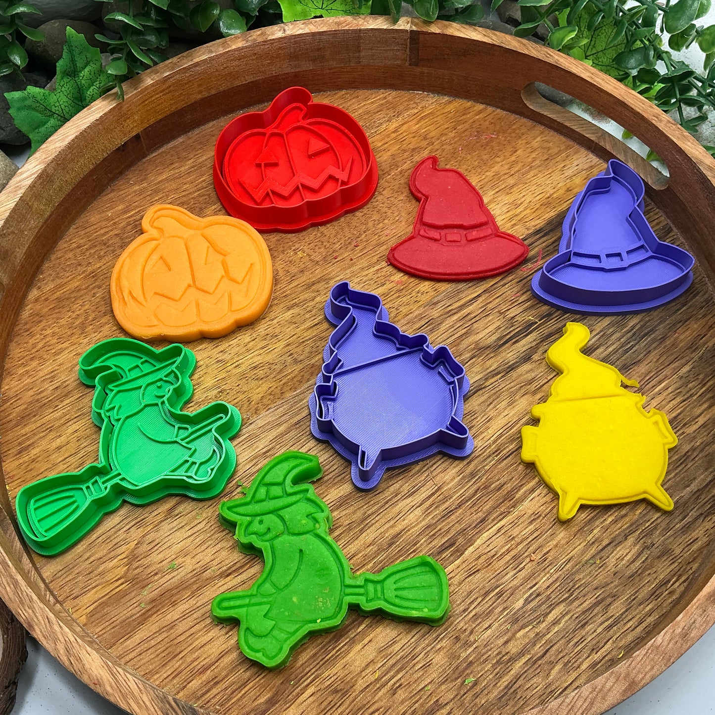 3D-printed witch Halloween play dough cookie cutter set - 4 piece (witch on broom, cauldron, hat and pumpkin) colour set C - view 14 of 14