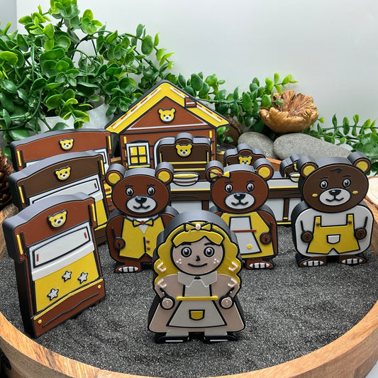 Large Goldilocks and three bears standing in front of their beds, table scene and yellow-roofed cottage