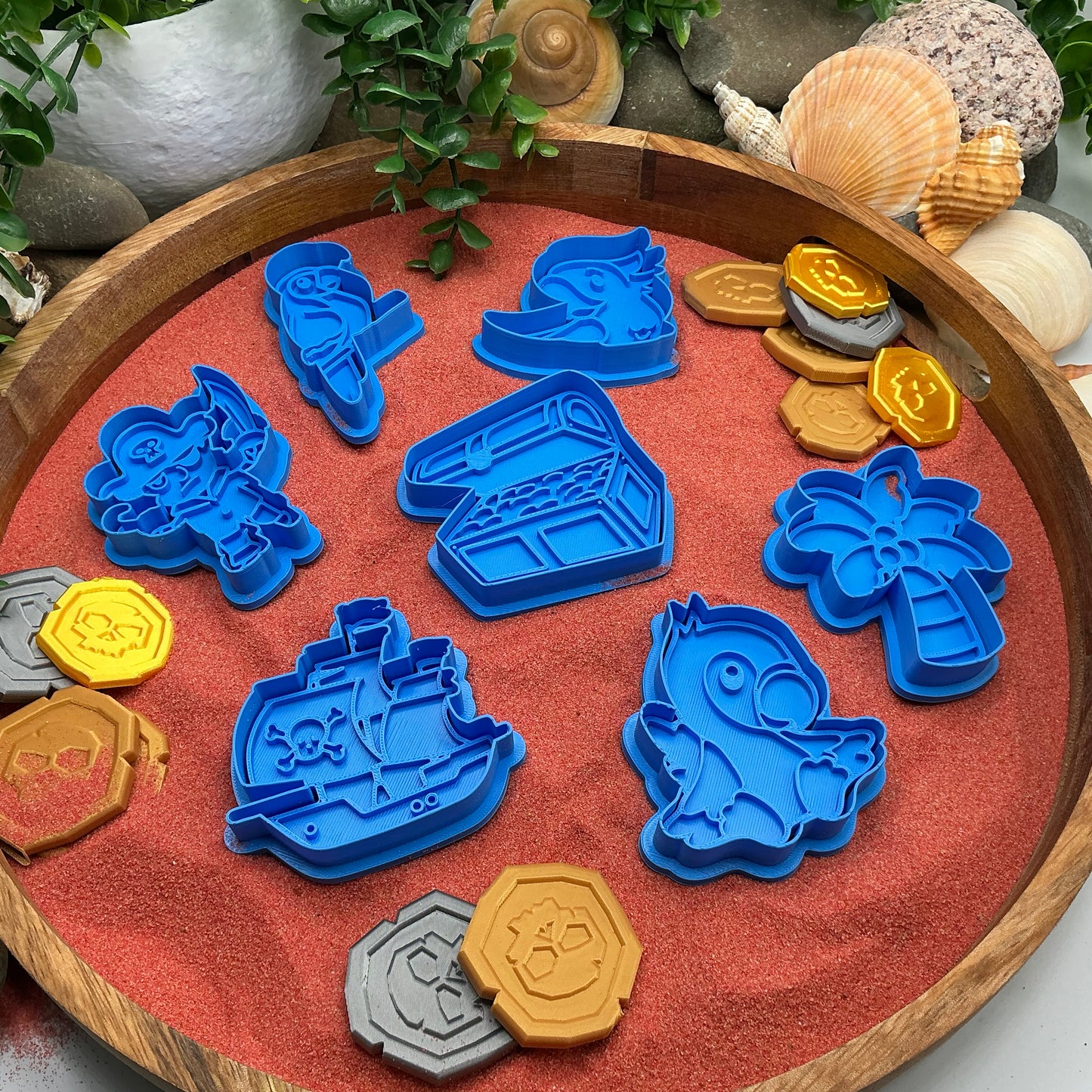3D-printed pirate play dough cookie cutter set - 7 piece with pirate, ship, treasure chest, parrots and palm tree - view 13 of 13