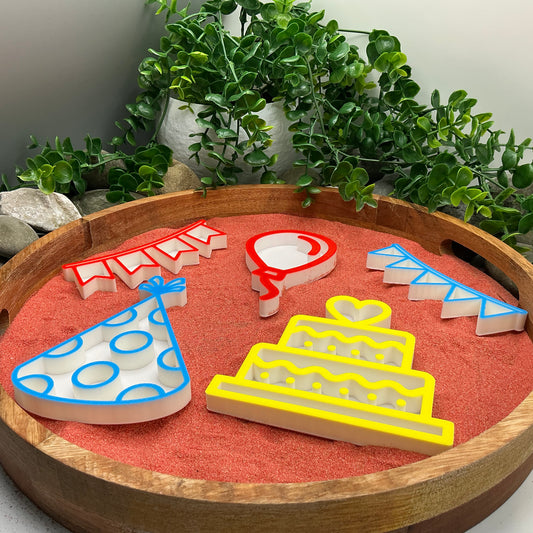3D-printed birthday play sensory filling tray, 5-piece set with cake, balloon, banner and party hat - view 2 of 12