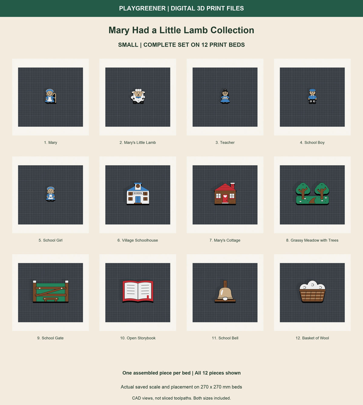 Actual Small Mary Had a Little Lamb Collection on12separate270x270mm print beds,one assembled piece per bed. Figures65mm high;school,cottage,meadow and otherprops97.5mm. Both sizes included as separate downloads. Digital files only.
