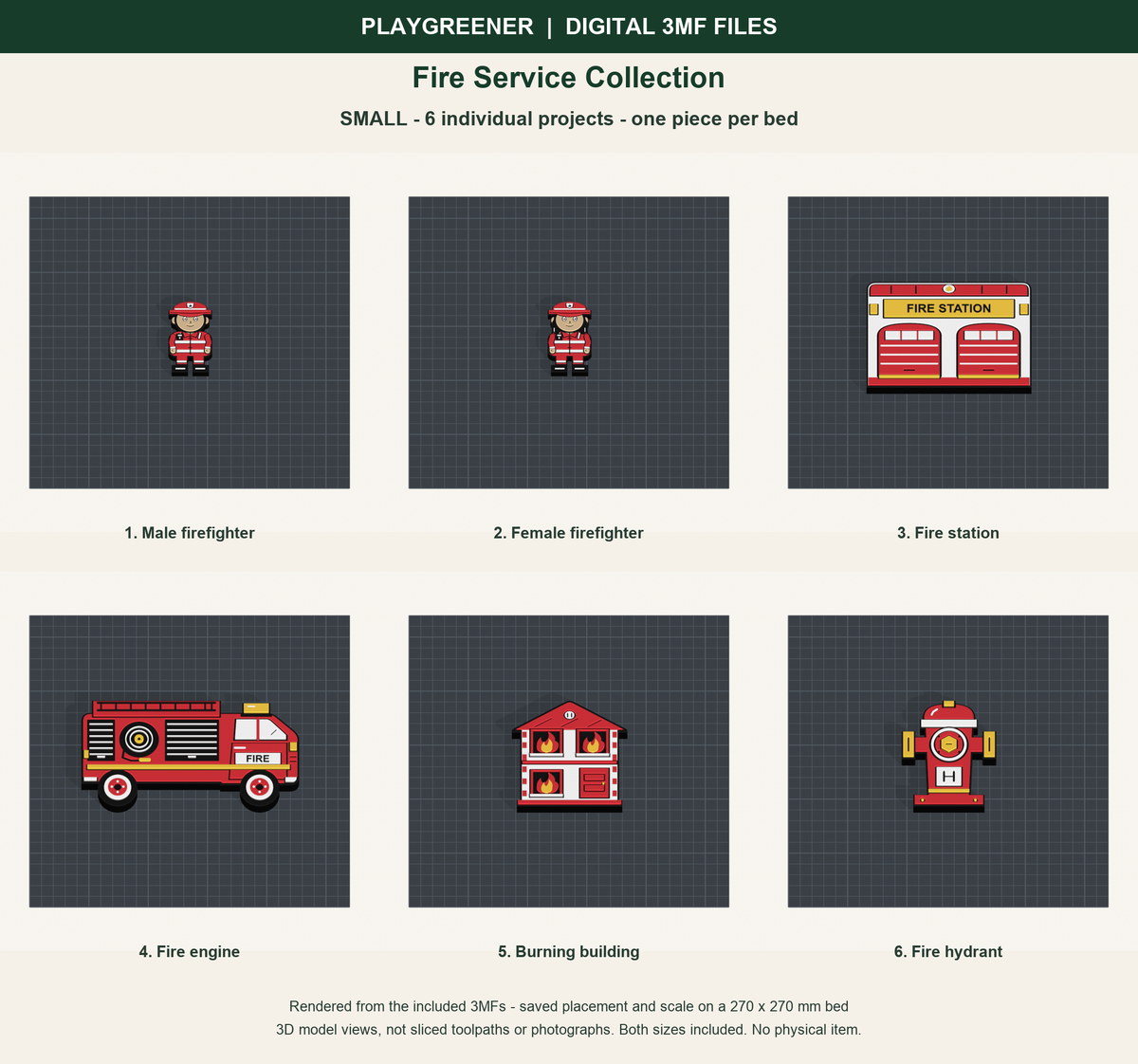 Fire Service Collection Small: actual individual 3MF models on saved 270mm print beds, not sliced toolpaths; no physical item.