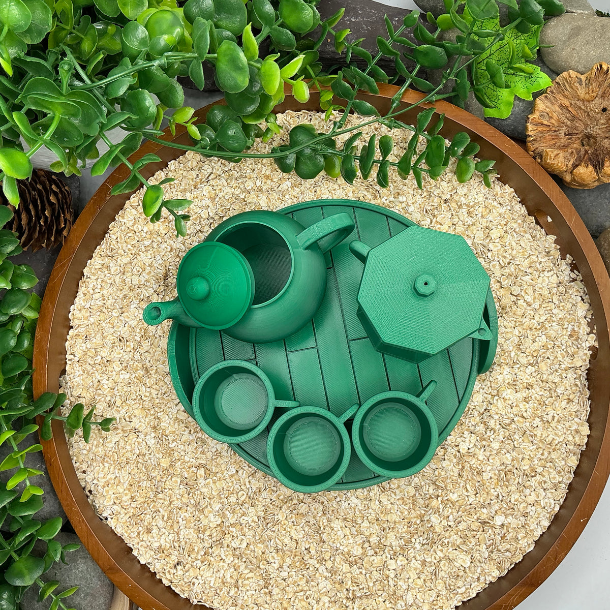 Tea & Coffee Maker Set 6 Piece Set - 3D Printed Teapot , Coffee Pot , Cups & Tray Kitchen Role Play Toy, Eco-Friendly