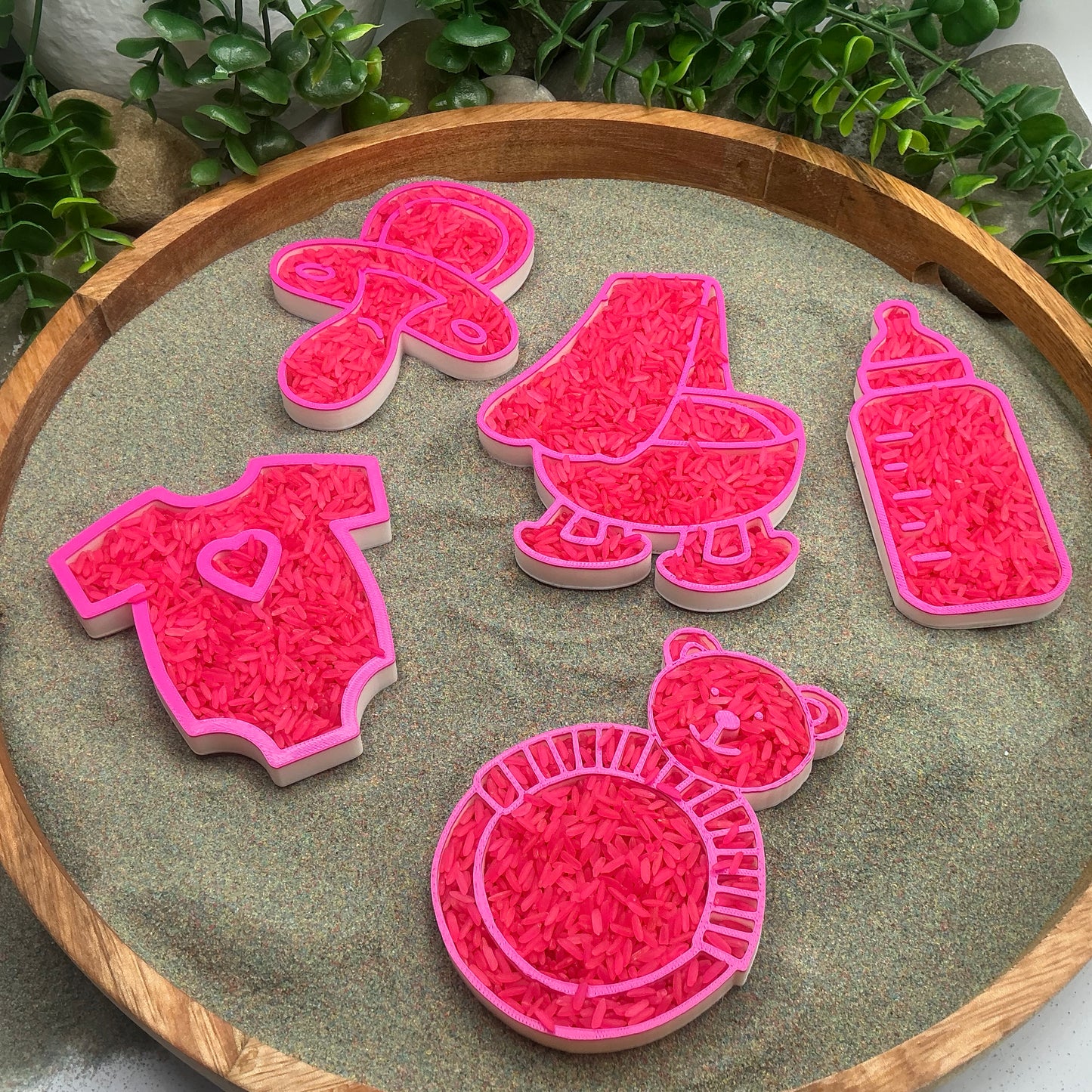 Baby Girl Play Fill Shapes Sensory Filling Trays - 5 Piece Set (Dummy, Bottle, Teddy Bear, Teething Ring & Bath)