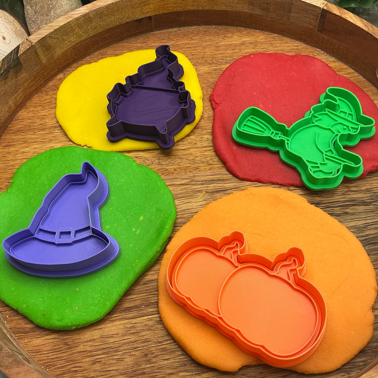 3D-printed witch Halloween play dough cookie cutter set - 4 piece (witch on broom, cauldron, hat and pumpkin) colour set B - view 3 of 13