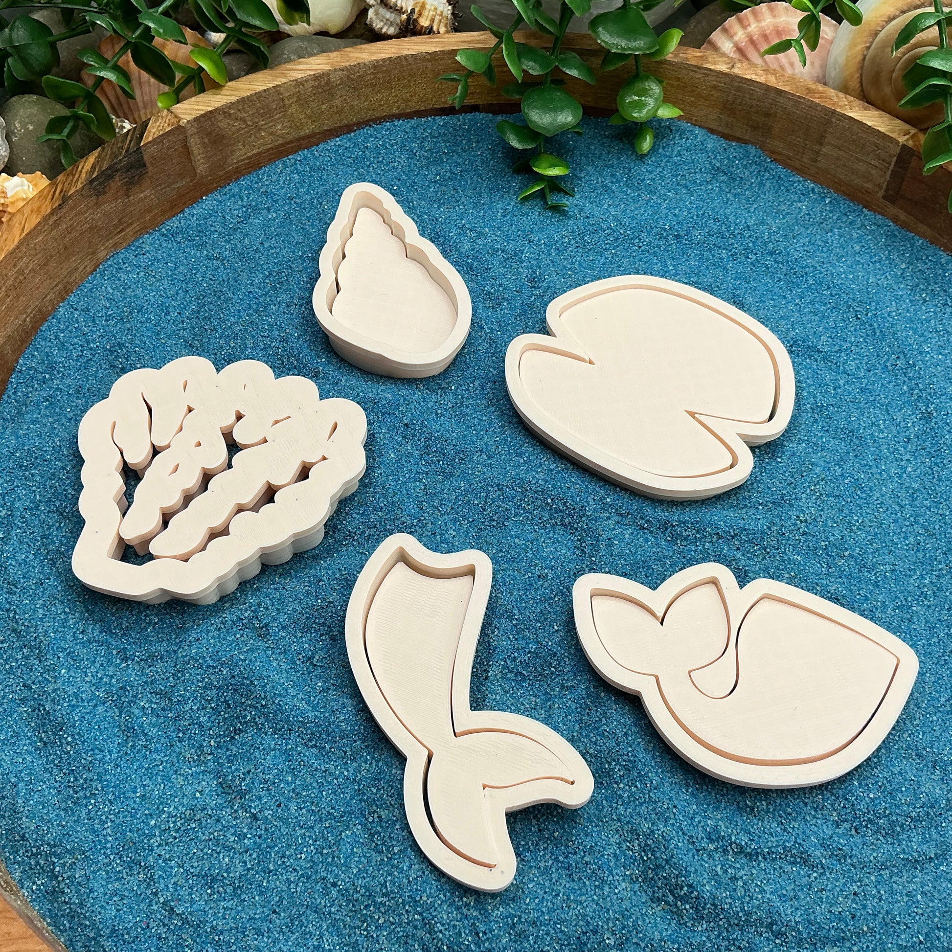 3D-printed mermaid lagoon play dough cookie cutter set - 5 piece with coral, mermaid tails, clam shell and shell - view 14 of 15