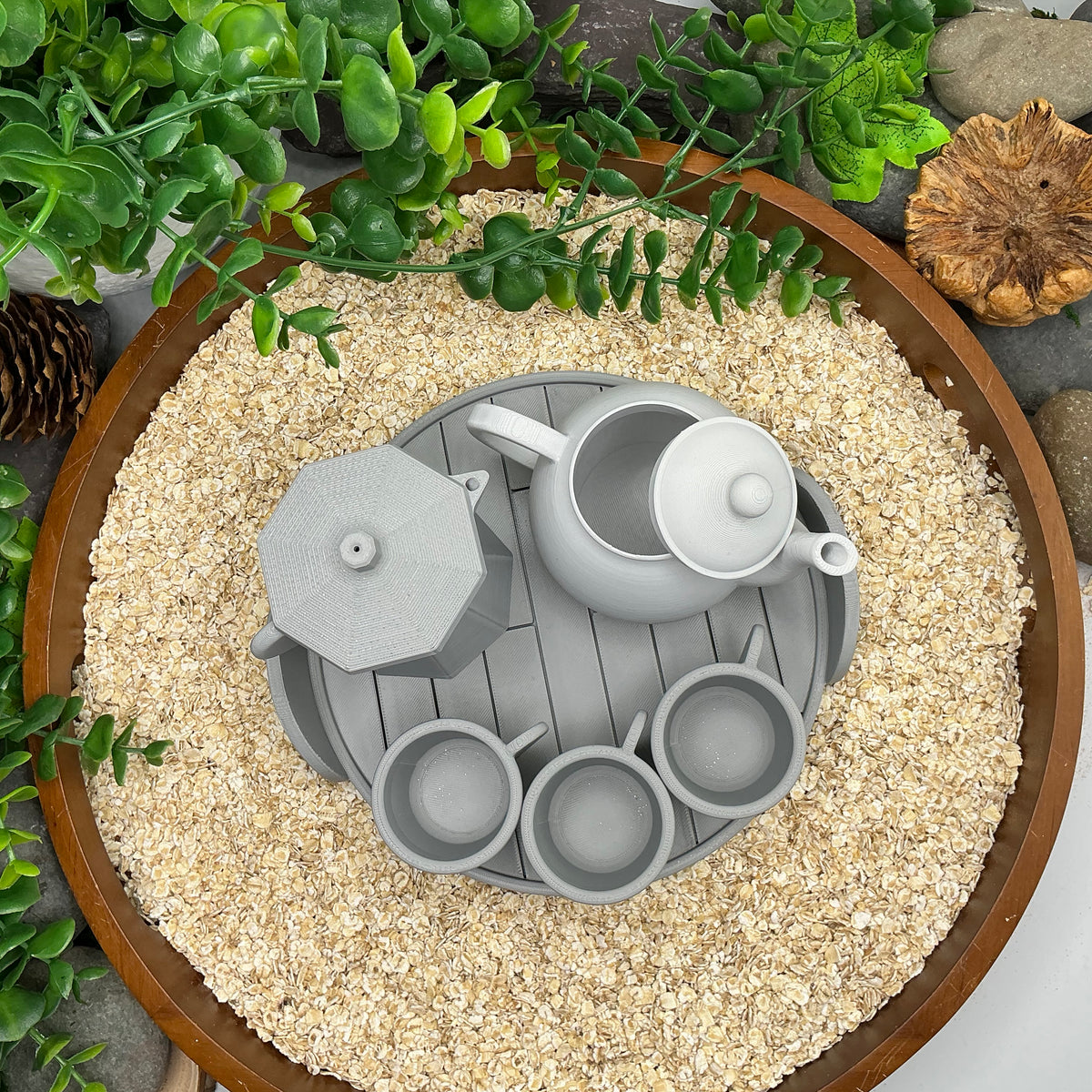 Tea & Coffee Maker Set 6 Piece Set - 3D Printed Teapot , Coffee Pot , Cups & Tray Kitchen Role Play Toy, Eco-Friendly