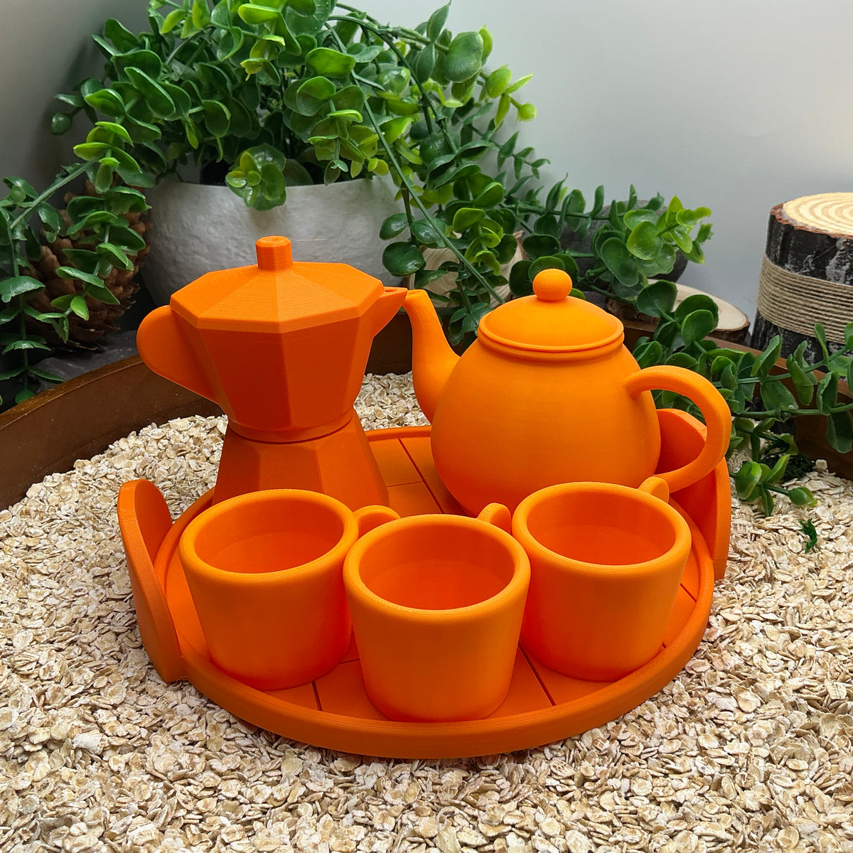 Tea & Coffee Maker Set 6 Piece Set - 3D Printed Teapot , Coffee Pot , Cups & Tray Kitchen Role Play Toy, Eco-Friendly