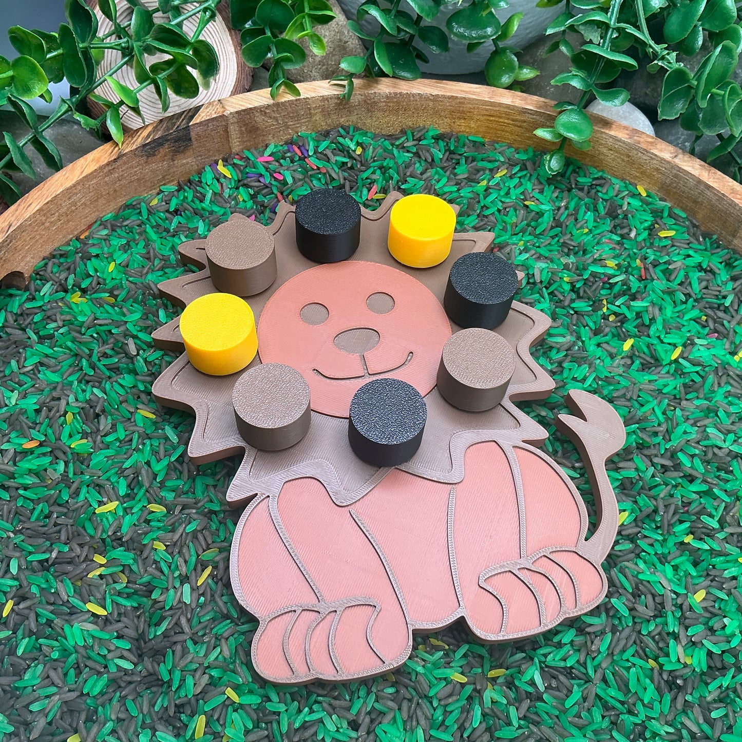 3D-printed lion thread peg board sensory toy with screw-on nuts - fine motor and pre-writing skill builder - view 3 of 7