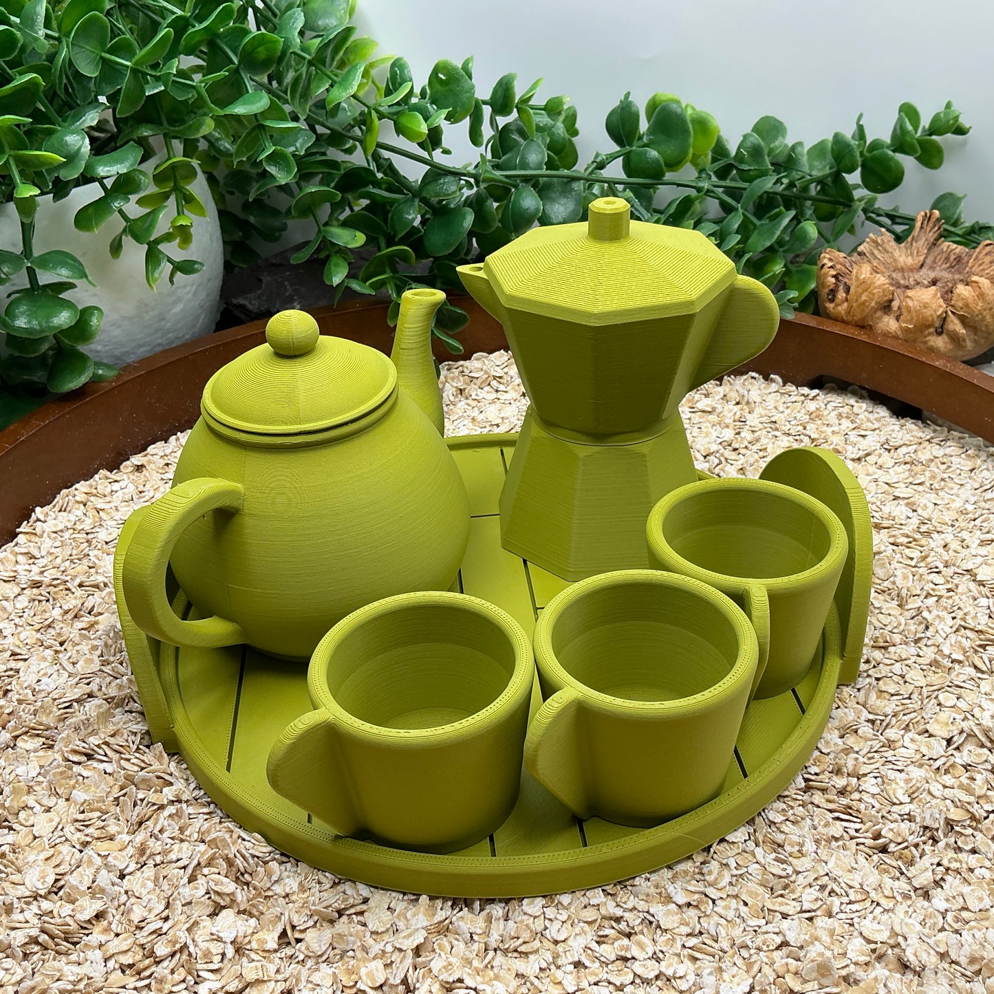 Tea & Coffee Maker Set 6 Piece Set - 3D Printed Teapot , Coffee Pot , Cups & Tray Kitchen Role Play Toy, Eco-Friendly