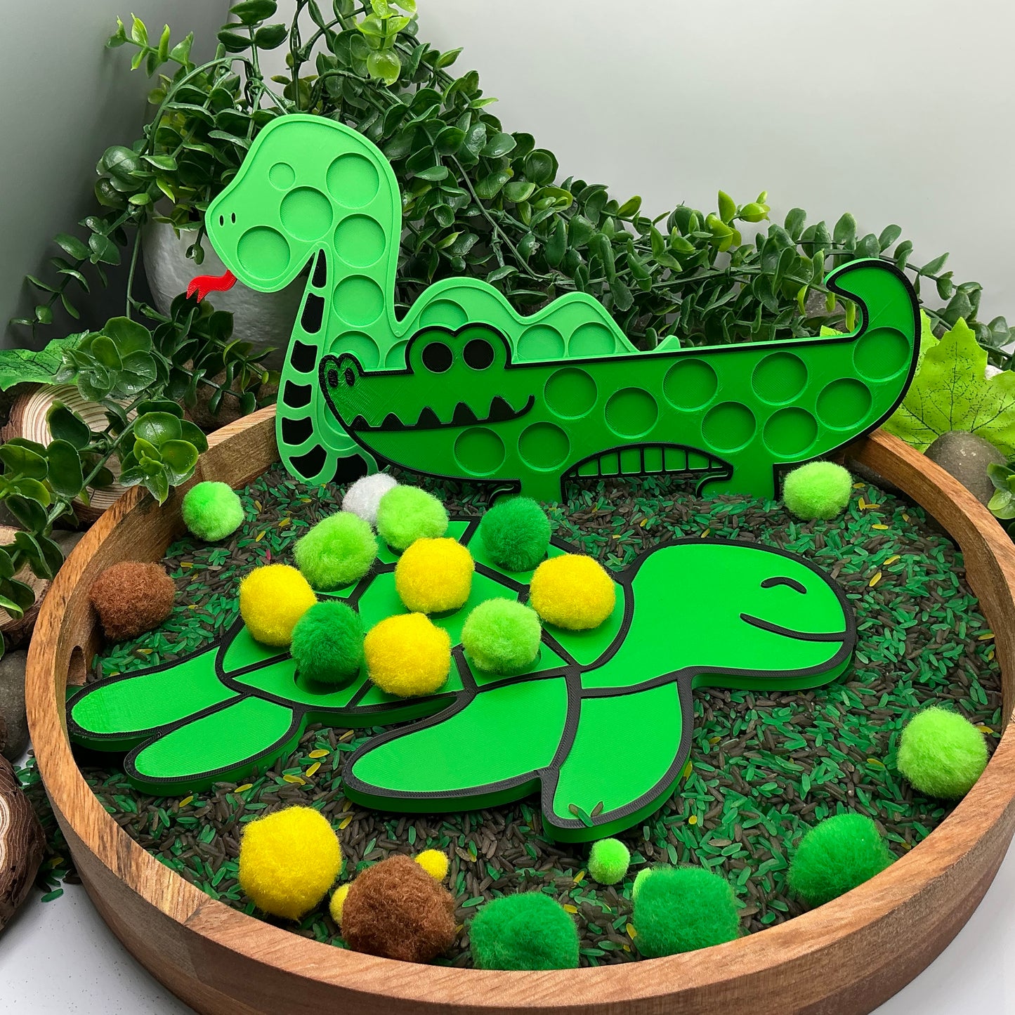 3D-printed animal shape board sensory set, 3 pieces - snake, crocodile and turtle for pom-pom play - view 9 of 13