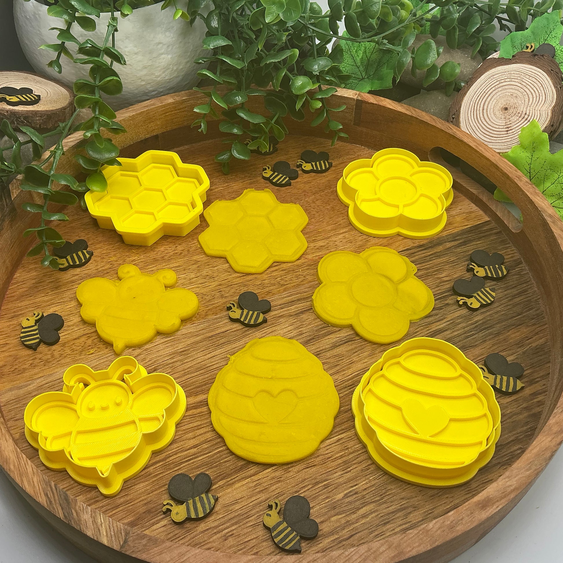 3D-printed bee theme play dough cookie cutter set - 4 piece with bee, beehive, honeycomb and flower - view 9 of 13