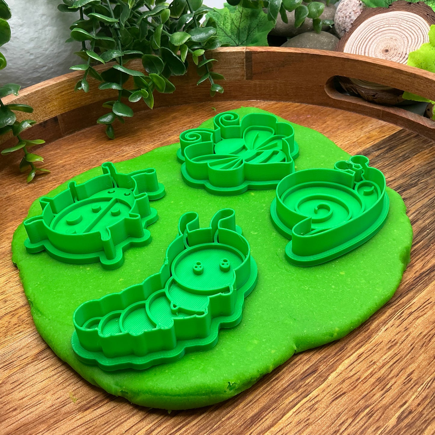 3D-printed garden spring insects play dough cookie cutter set - 4 piece with caterpillar, bee, ladybug and snail - view 6 of 15