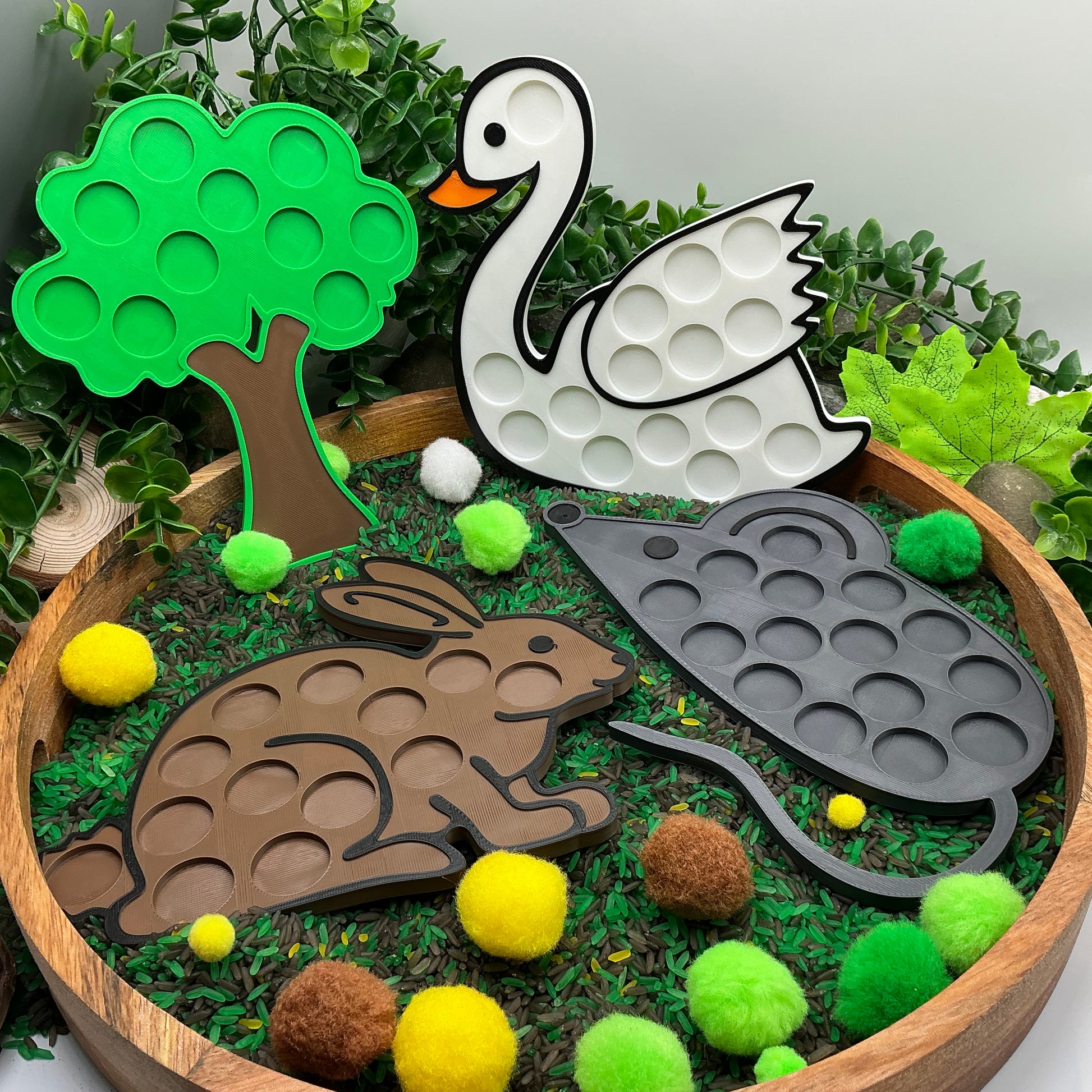 3D-printed animal shape board sensory set, 4 pieces - rabbit, mouse, swan and tree for pom-pom play - view 10 of 13