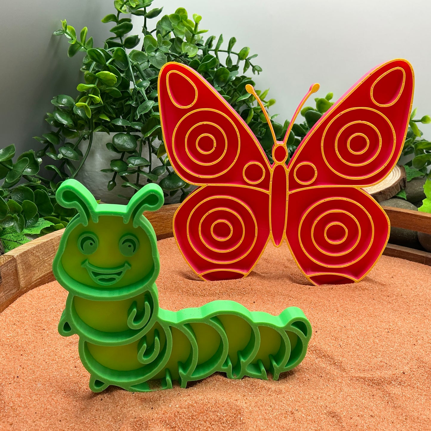 3D-printed caterpillar and butterfly garden sensory fill shape set - 2 piece life cycle pair - view 1 of 9