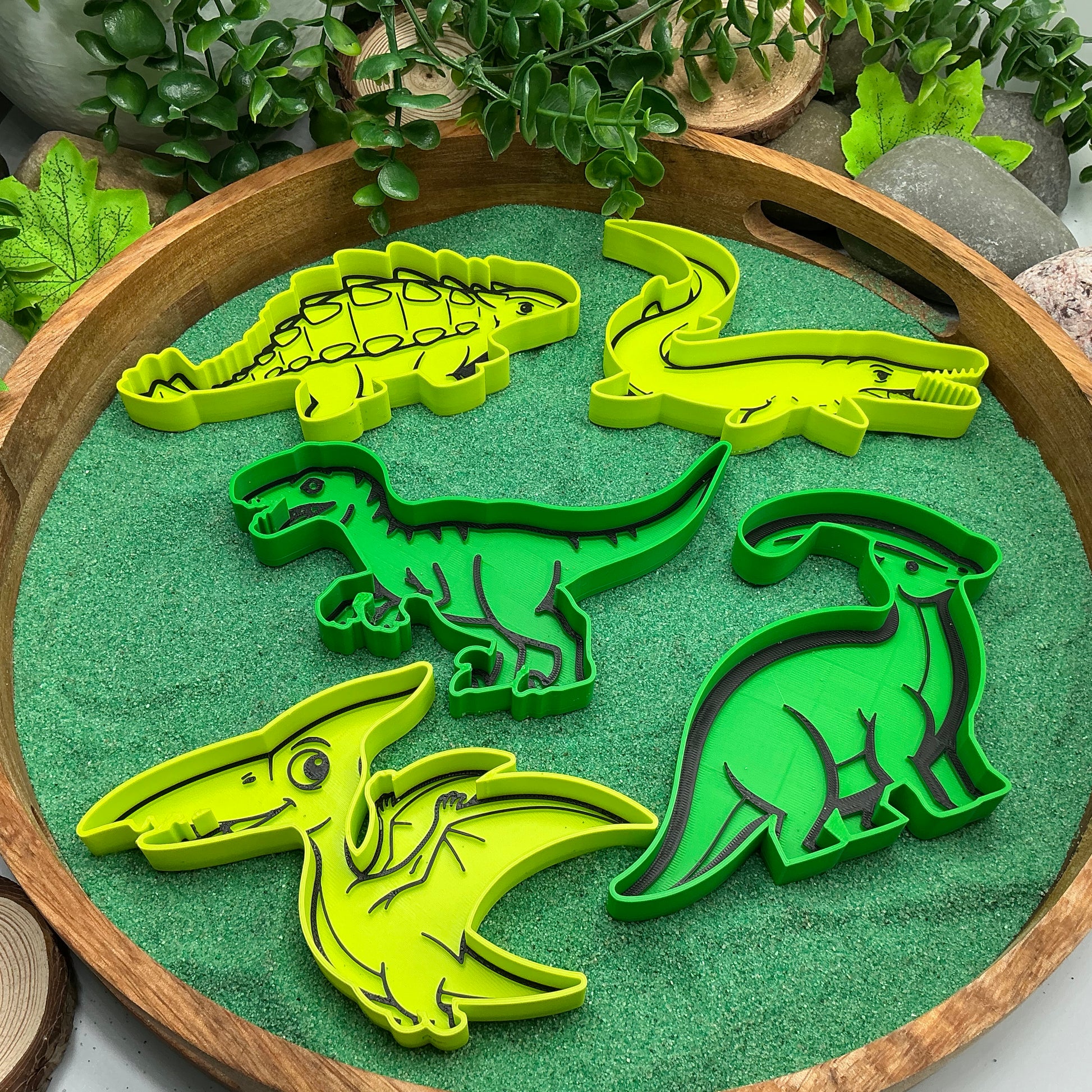 3D-printed dinosaur sensory fill shape set - 5 piece with Ankylosaurus, Mosasaurus, Pterodactyl, Velociraptor and Parasaurolophus - view 1 of 15