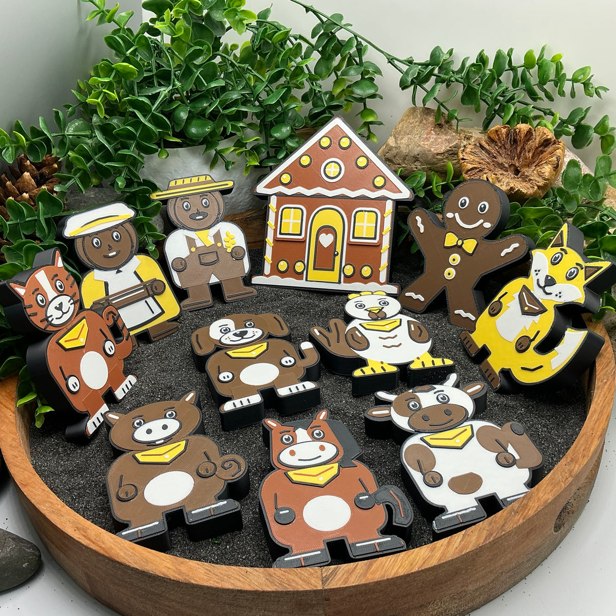 Complete Gingerbread Man story scene with the farmer, his wife and animal figures