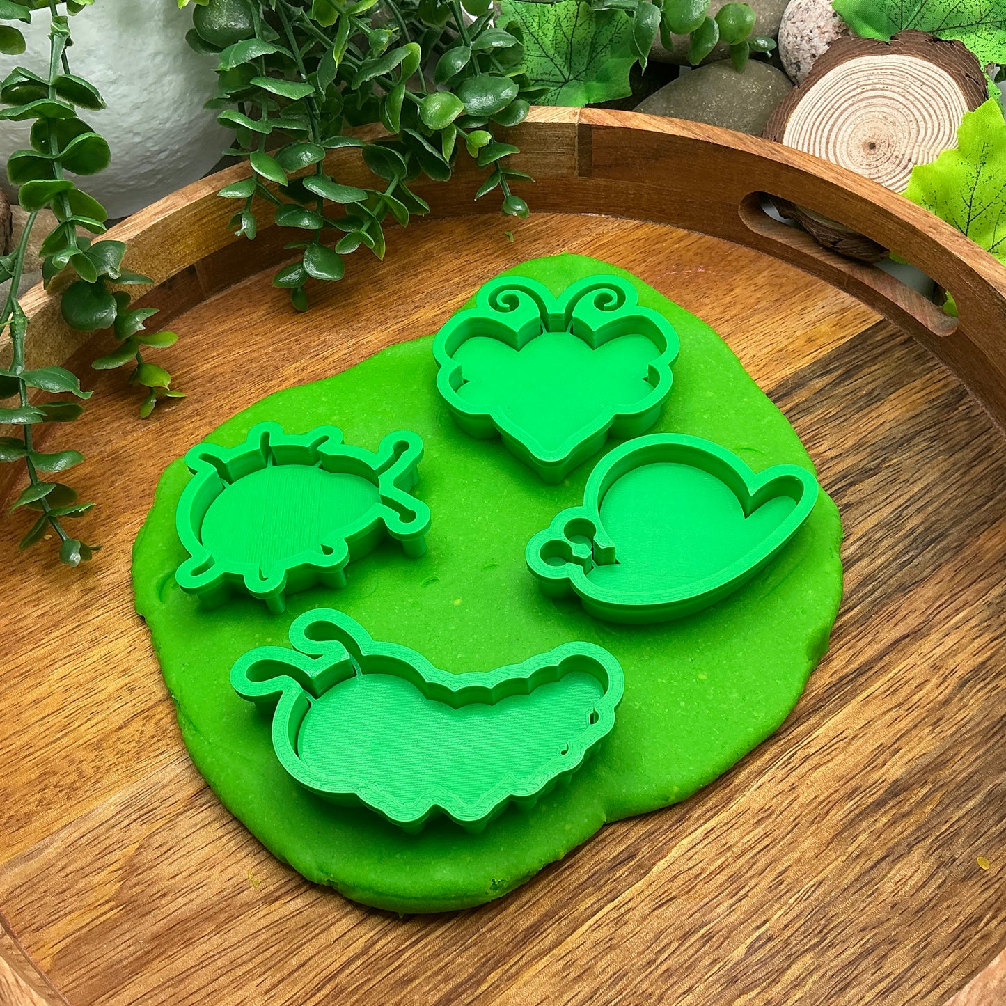 3D-printed garden spring insects play dough cookie cutter set - 4 piece with caterpillar, bee, ladybug and snail - view 7 of 15