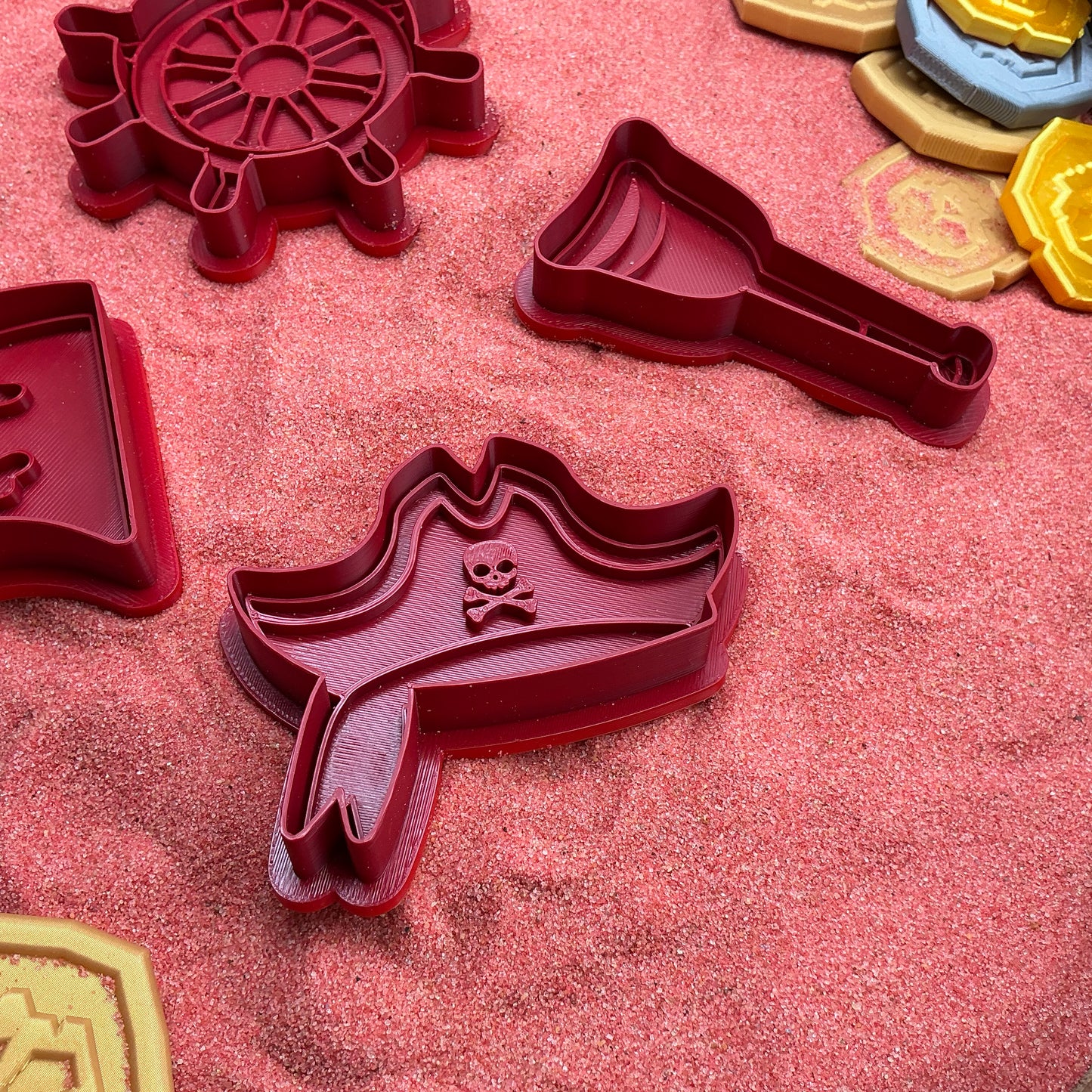 3D-printed pirate play dough cookie cutter set - 4 piece with hat, flag, wheel and spy glass in yellow red or black - view 10 of 14