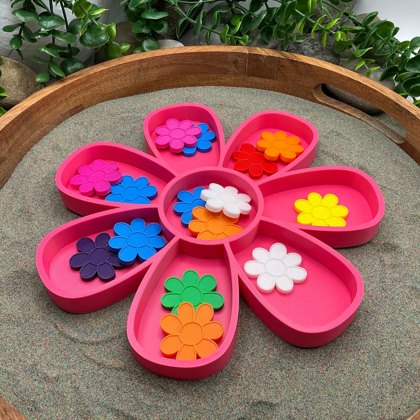 3D-printed large flower fill shape paired with 40 small flower counters in 8 colours - sensory maths bundle - view 1 of 3