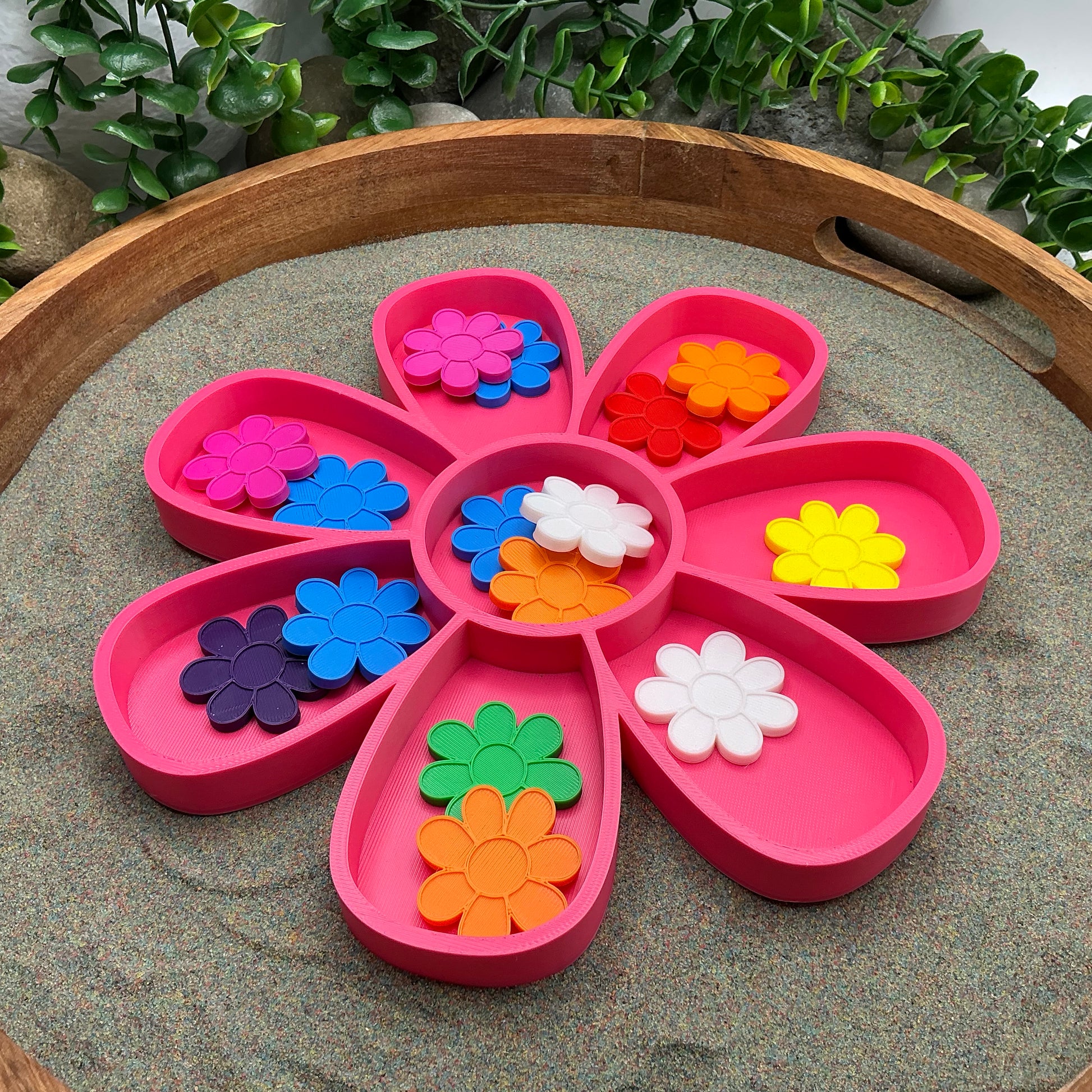 3D-printed large flower fill shape paired with 40 small flower counters in 8 colours - sensory maths bundle - view 1 of 3