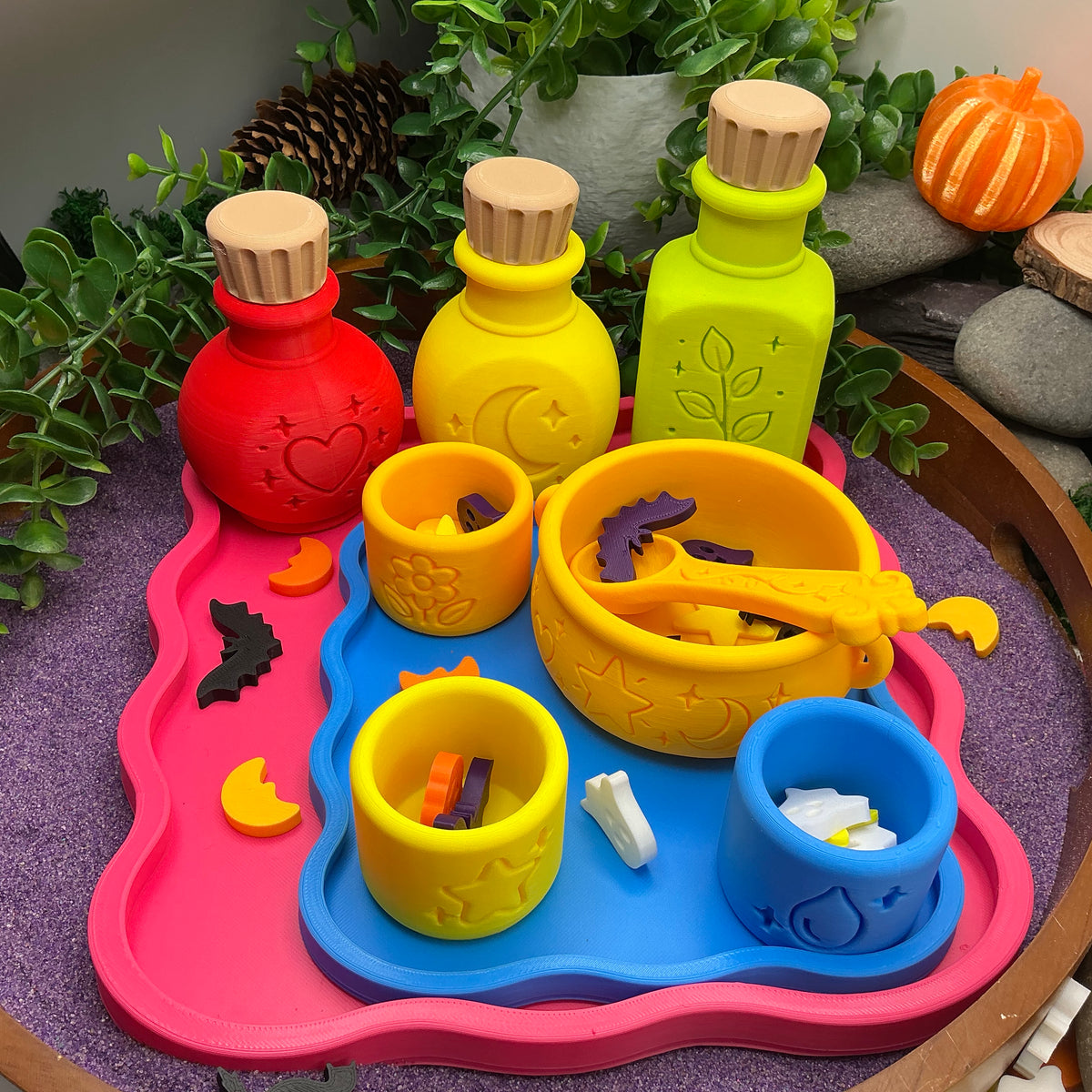 Potion Play Set - 14 Piece Sensory Play Kit with Potion Bottles, Cups, Mixing Bowl, Mini Fire Pit & Trays