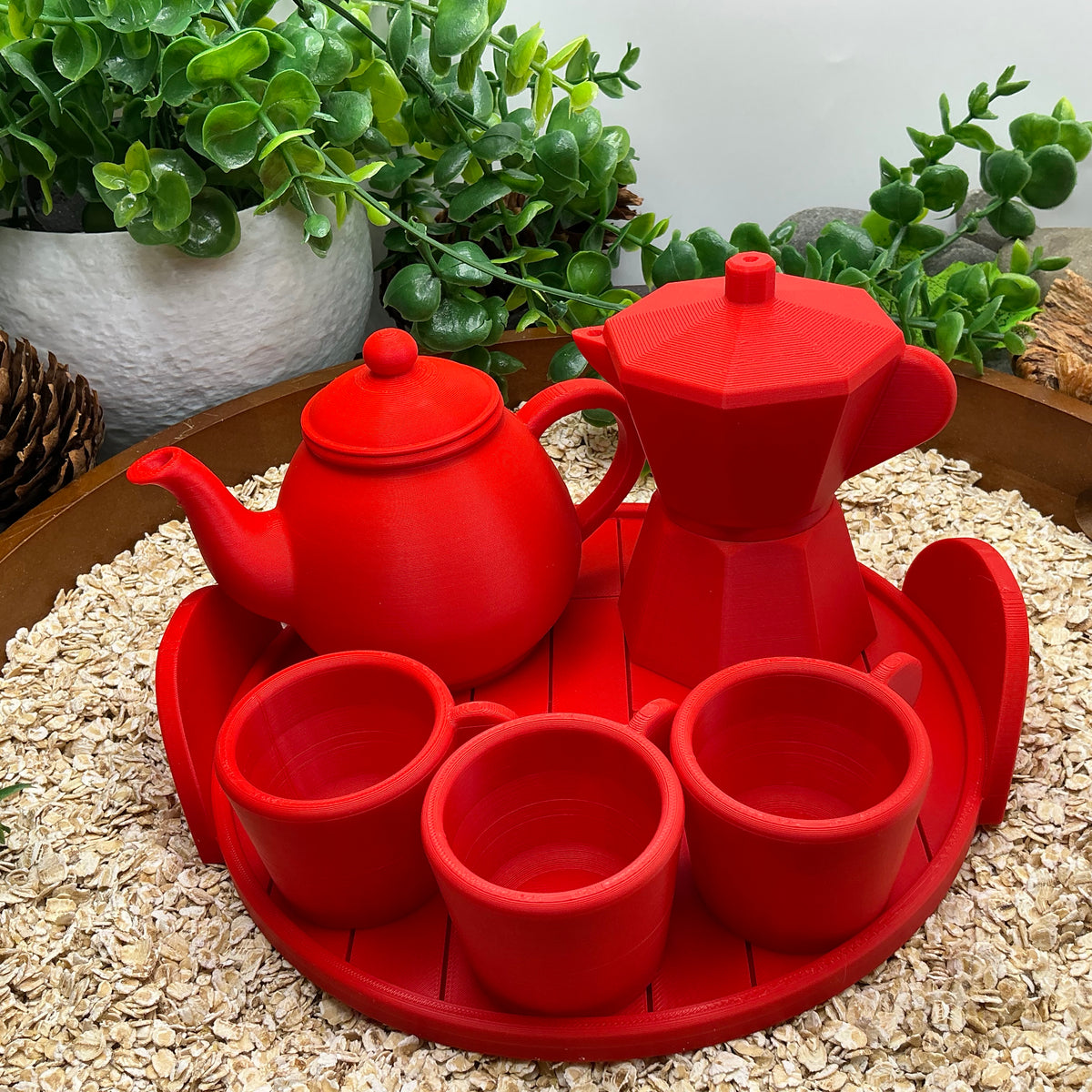 Tea & Coffee Maker Set 6 Piece Set - 3D Printed Teapot , Coffee Pot , Cups & Tray Kitchen Role Play Toy, Eco-Friendly
