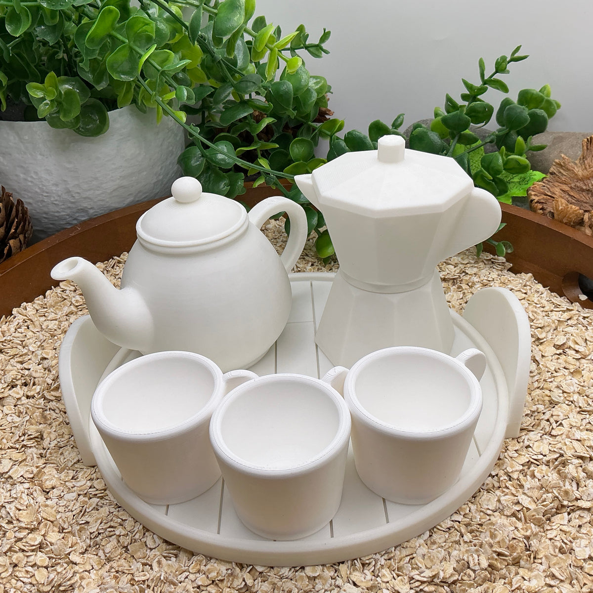 Tea & Coffee Maker Set 6 Piece Set - 3D Printed Teapot , Coffee Pot , Cups & Tray Kitchen Role Play Toy, Eco-Friendly