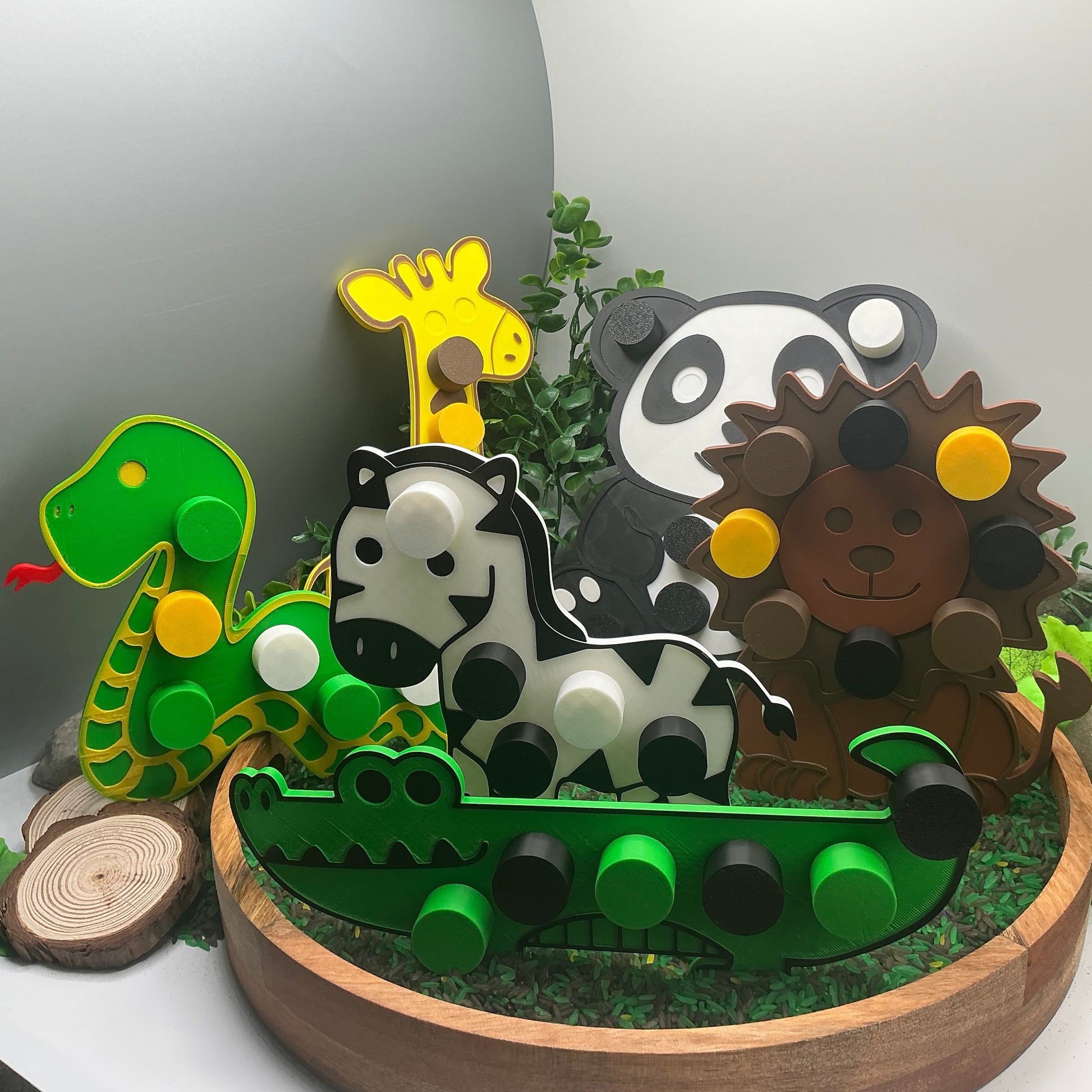 3D-printed animal thread peg board sensory set with screw-on nuts - 6 piece safari set including zebra, panda, lion, crocodile, giraffe and snake - view 1 of 25