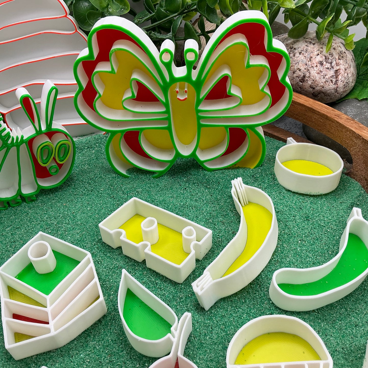 Caterpillar , Butterfly & cocoon 16 piece food set story book telling Sensory Filling Trays Set - Eco-Friendly 3D Printed 19 piece total