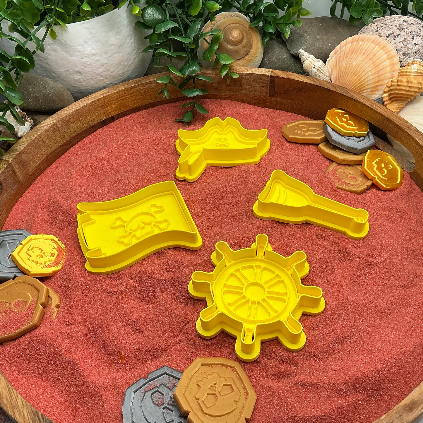 3D-printed pirate play dough cookie cutter set - 4 piece with hat, flag, wheel and spy glass in yellow red or black - view 1 of 14