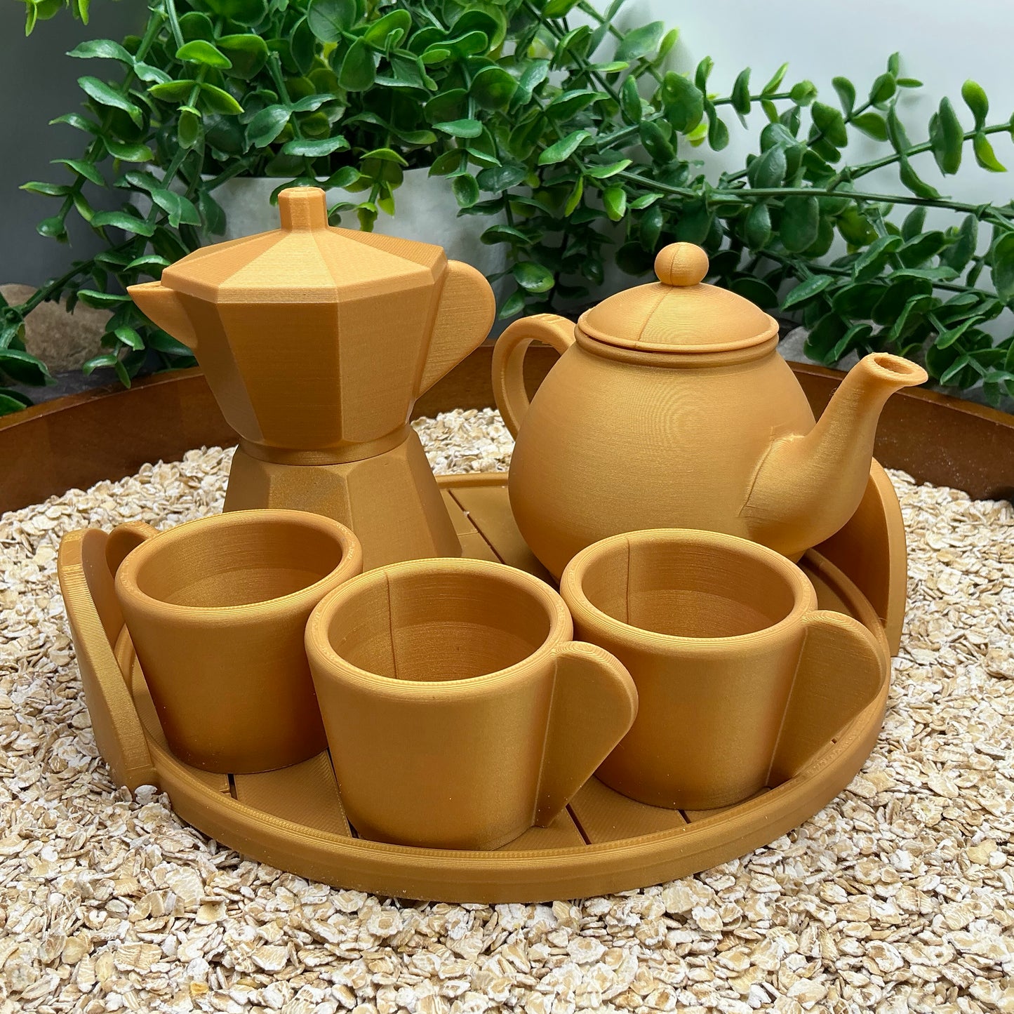 Tea & Coffee Maker Set 6 Piece Set - 3D Printed Teapot , Coffee Pot , Cups & Tray Kitchen Role Play Toy, Eco-Friendly