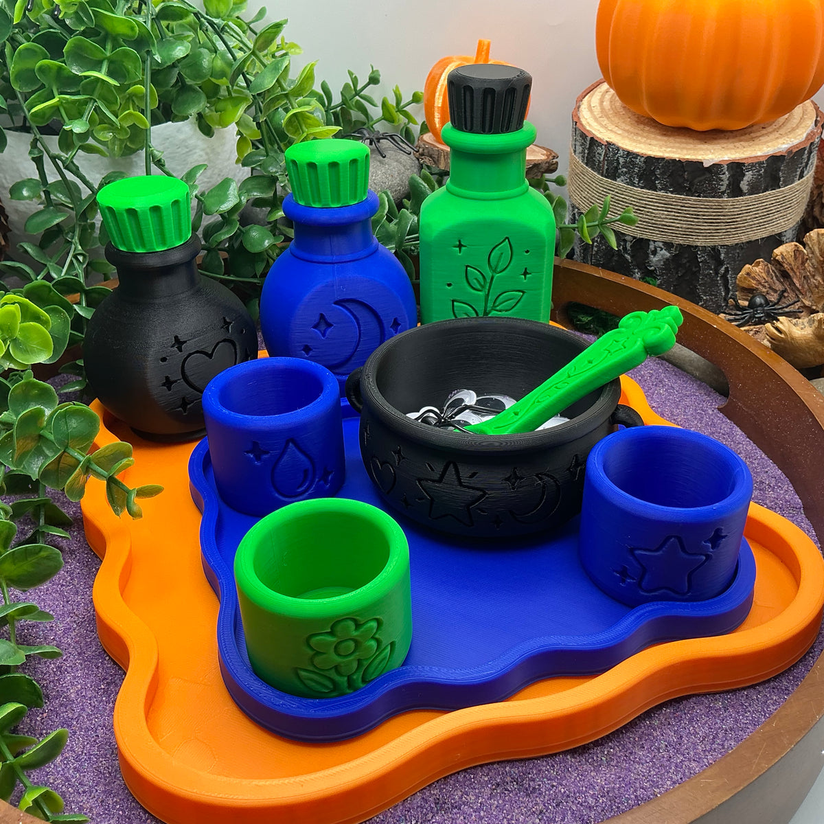 Halloween Special Potion Play Set - 14 Piece Sensory Play Kit with Potion Bottles, Cups, Mixing Bowl, Mini Fire Pit & Trays