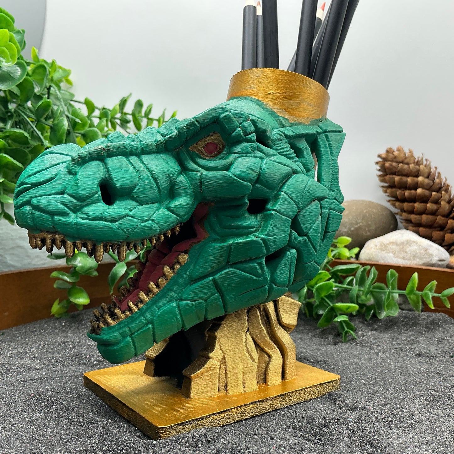 Dinosaur T Rex Pencil & Paintbrushes Pot Holder Hand Painted