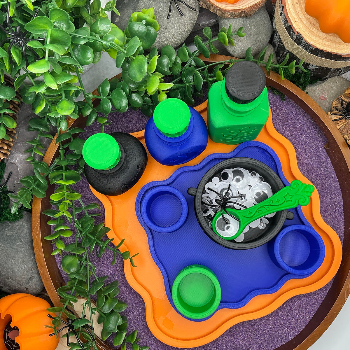Halloween Special Potion Play Set - 14 Piece Sensory Play Kit with Potion Bottles, Cups, Mixing Bowl, Mini Fire Pit & Trays
