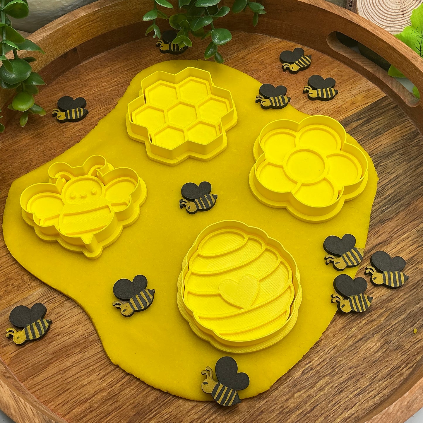 3D-printed bee theme play dough cookie cutter set - 4 piece with bee, beehive, honeycomb and flower - view 7 of 13