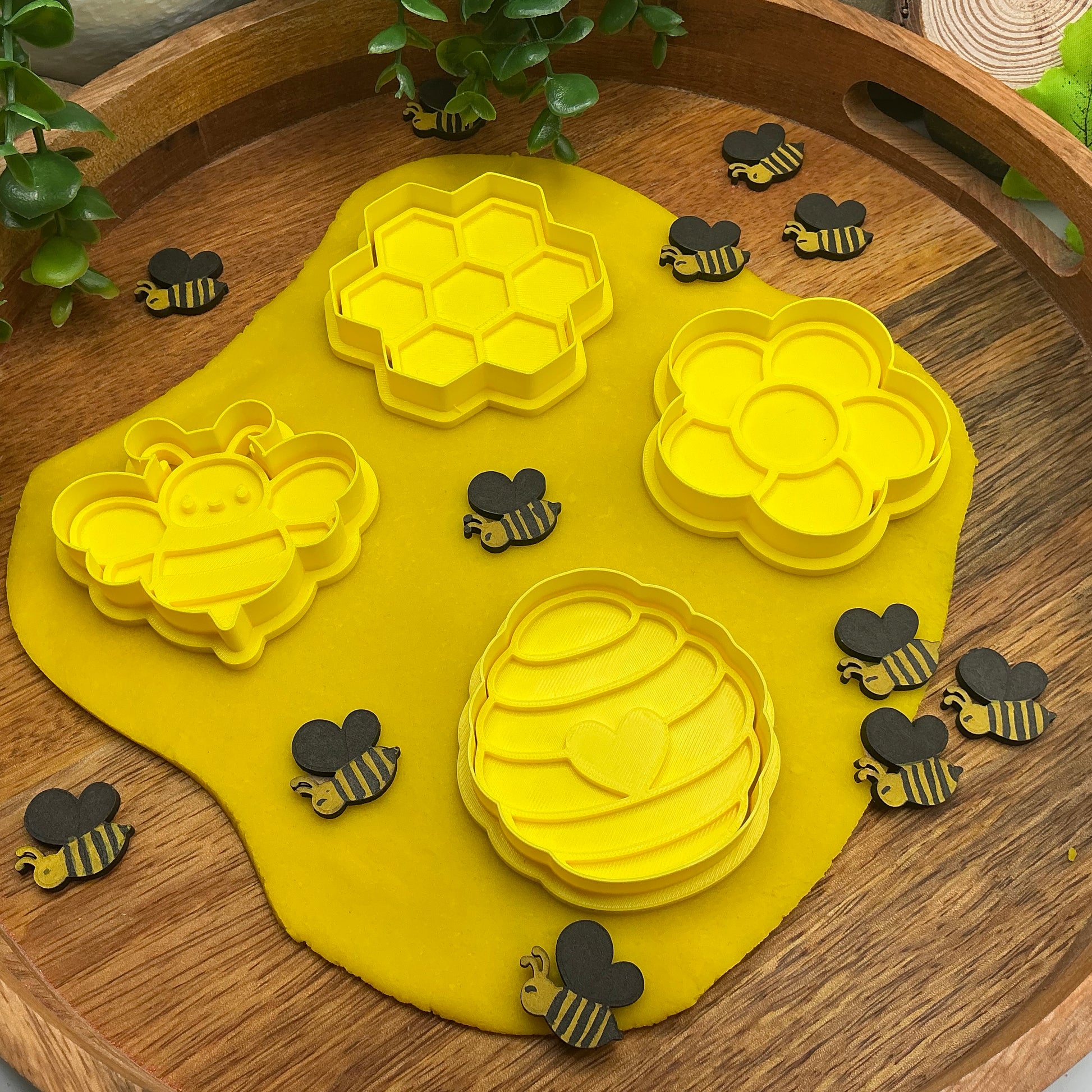 3D-printed bee theme play dough cookie cutter set - 4 piece with bee, beehive, honeycomb and flower - view 7 of 13