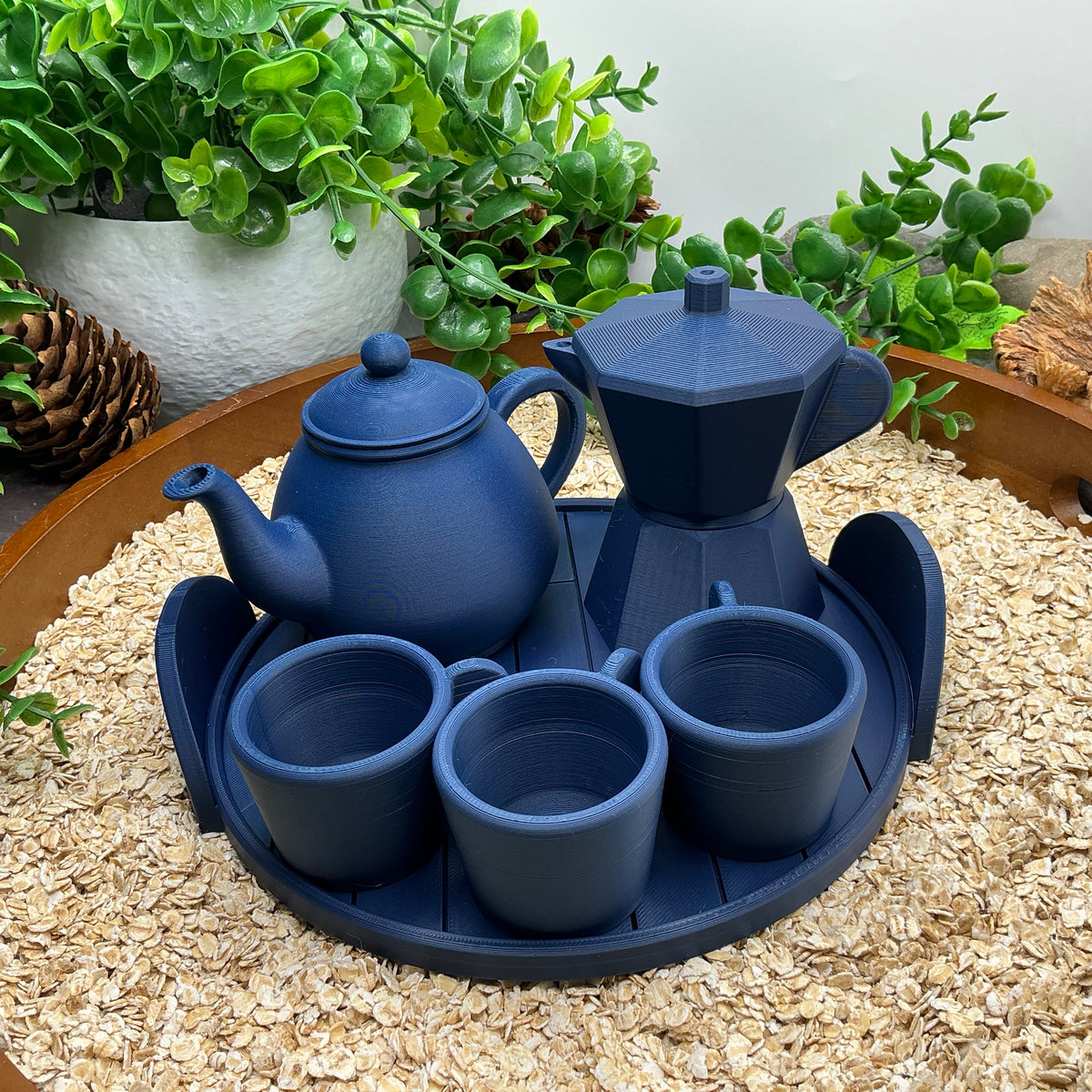 Tea & Coffee Maker Set 6 Piece Set - 3D Printed Teapot , Coffee Pot , Cups & Tray Kitchen Role Play Toy, Eco-Friendly
