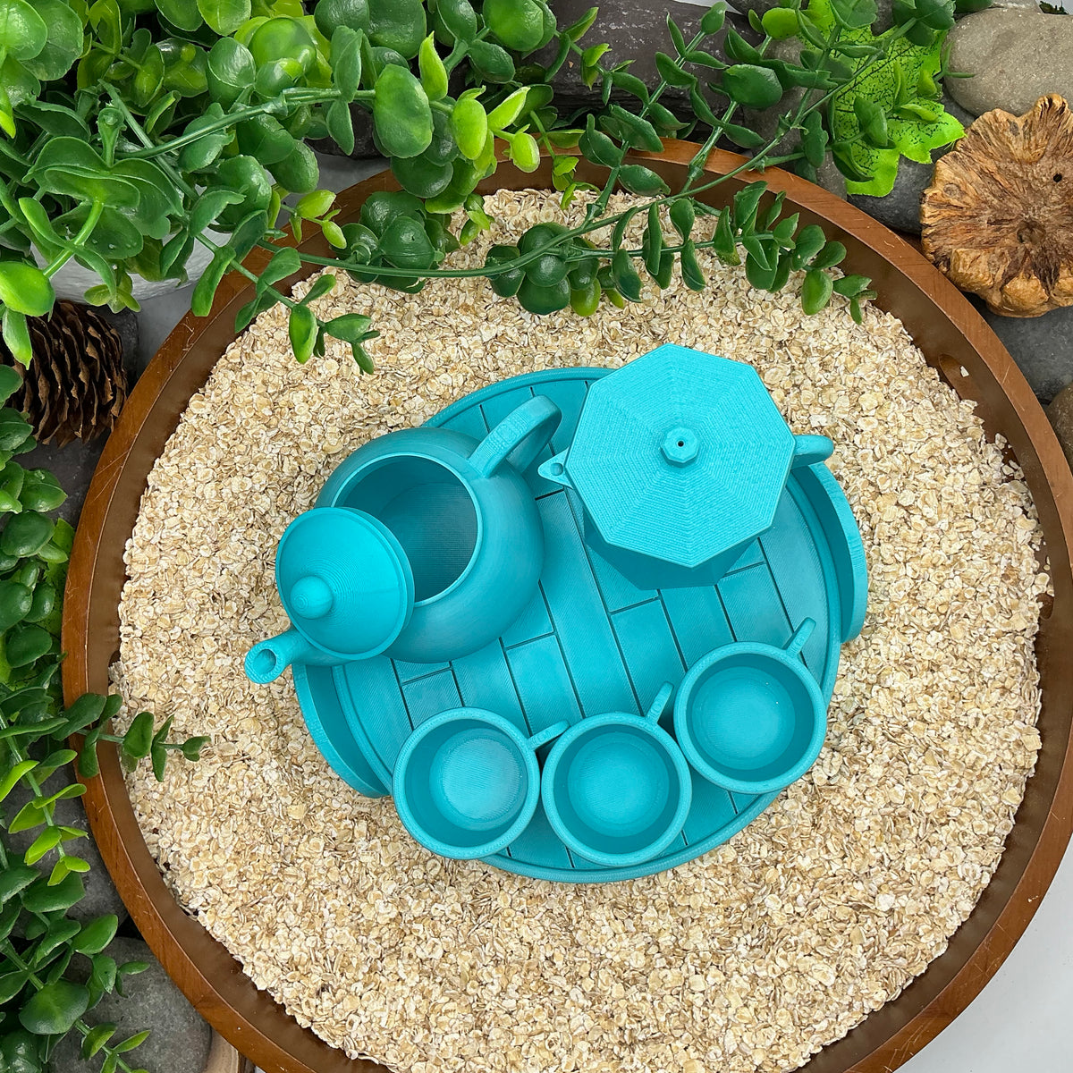 Tea & Coffee Maker Set 6 Piece Set - 3D Printed Teapot , Coffee Pot , Cups & Tray Kitchen Role Play Toy, Eco-Friendly
