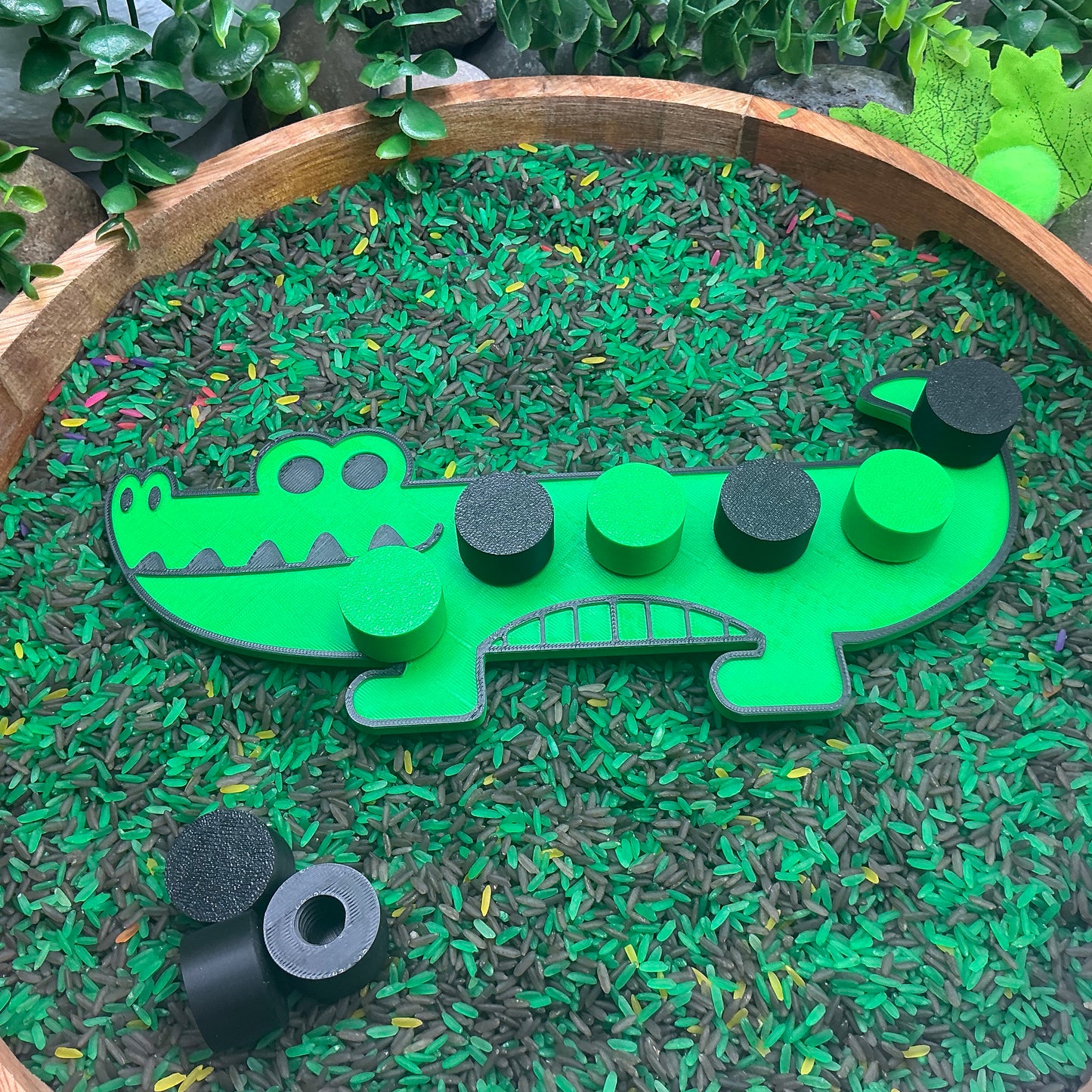 3D-printed crocodile thread peg board sensory toy with screw-on nuts - fine motor and pre-writing skill builder - view 3 of 5