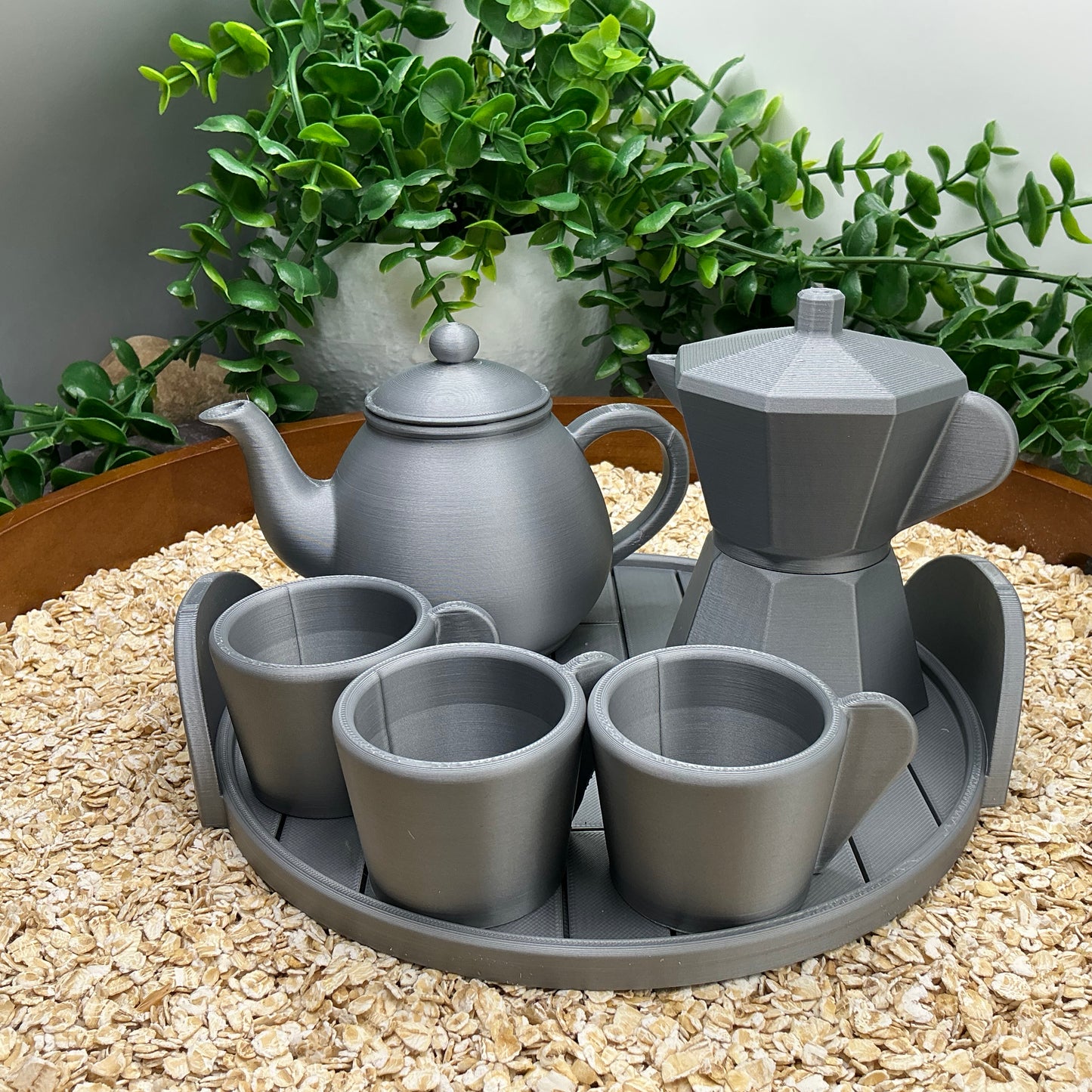 Tea & Coffee Maker Set 6 Piece Set - 3D Printed Teapot , Coffee Pot , Cups & Tray Kitchen Role Play Toy, Eco-Friendly