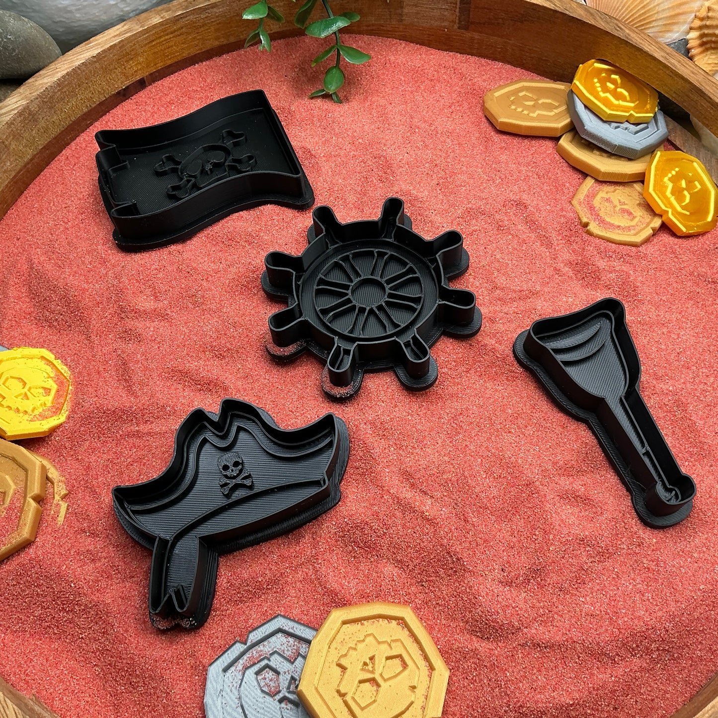 3D-printed pirate play dough cookie cutter set - 4 piece with hat, flag, wheel and spy glass in yellow red or black - view 14 of 14