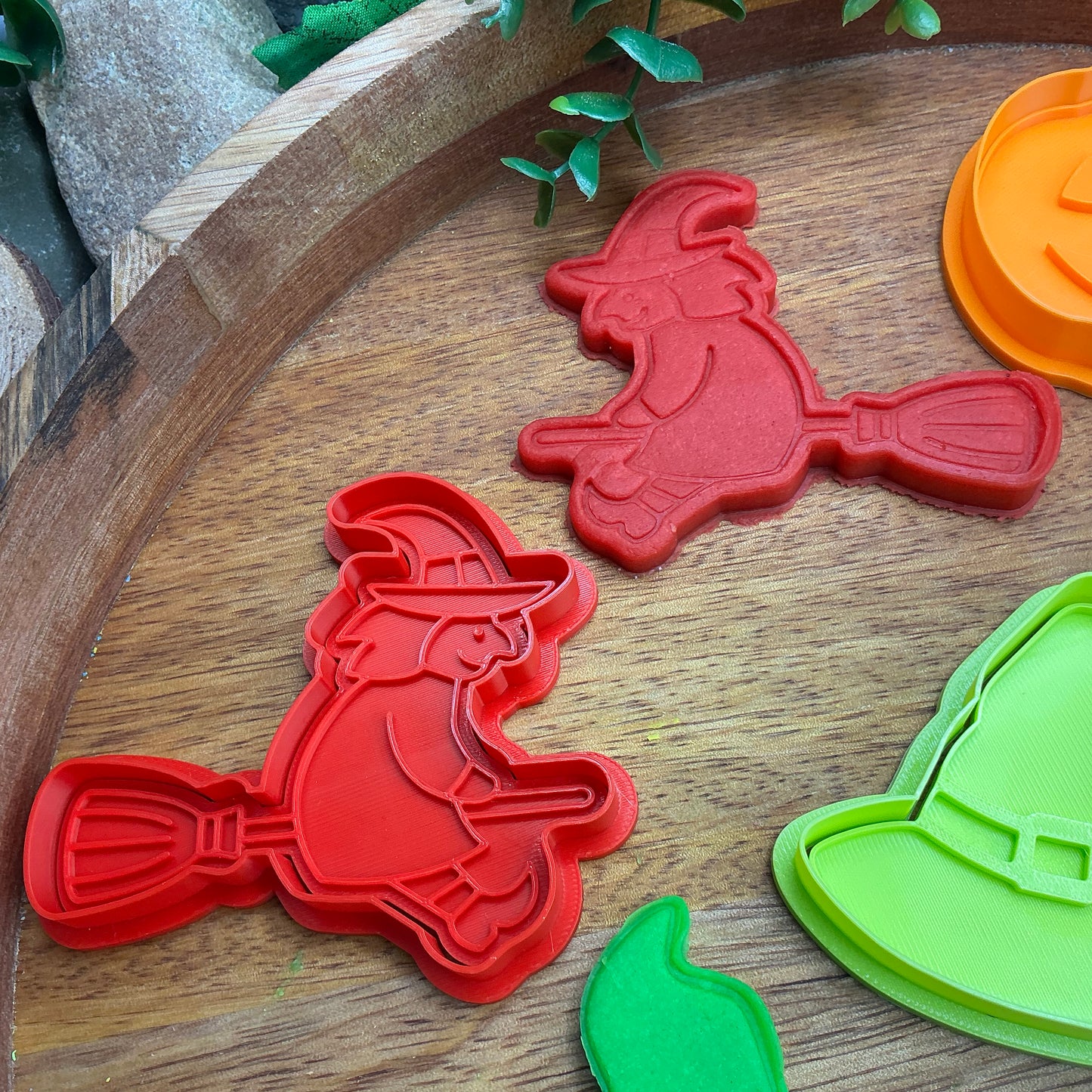 3D-printed witch Halloween play dough cookie cutter set - 4 piece (witch on broom, cauldron, hat and pumpkin) colour set A - view 7 of 13
